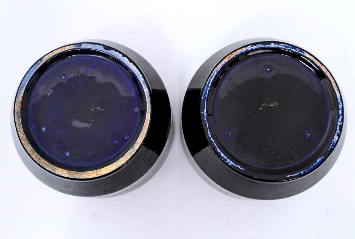 19th Century Pair Of Sarreguemines Cache Pots - Bleus De Longwy - Golden Geometric Decoration For Sale