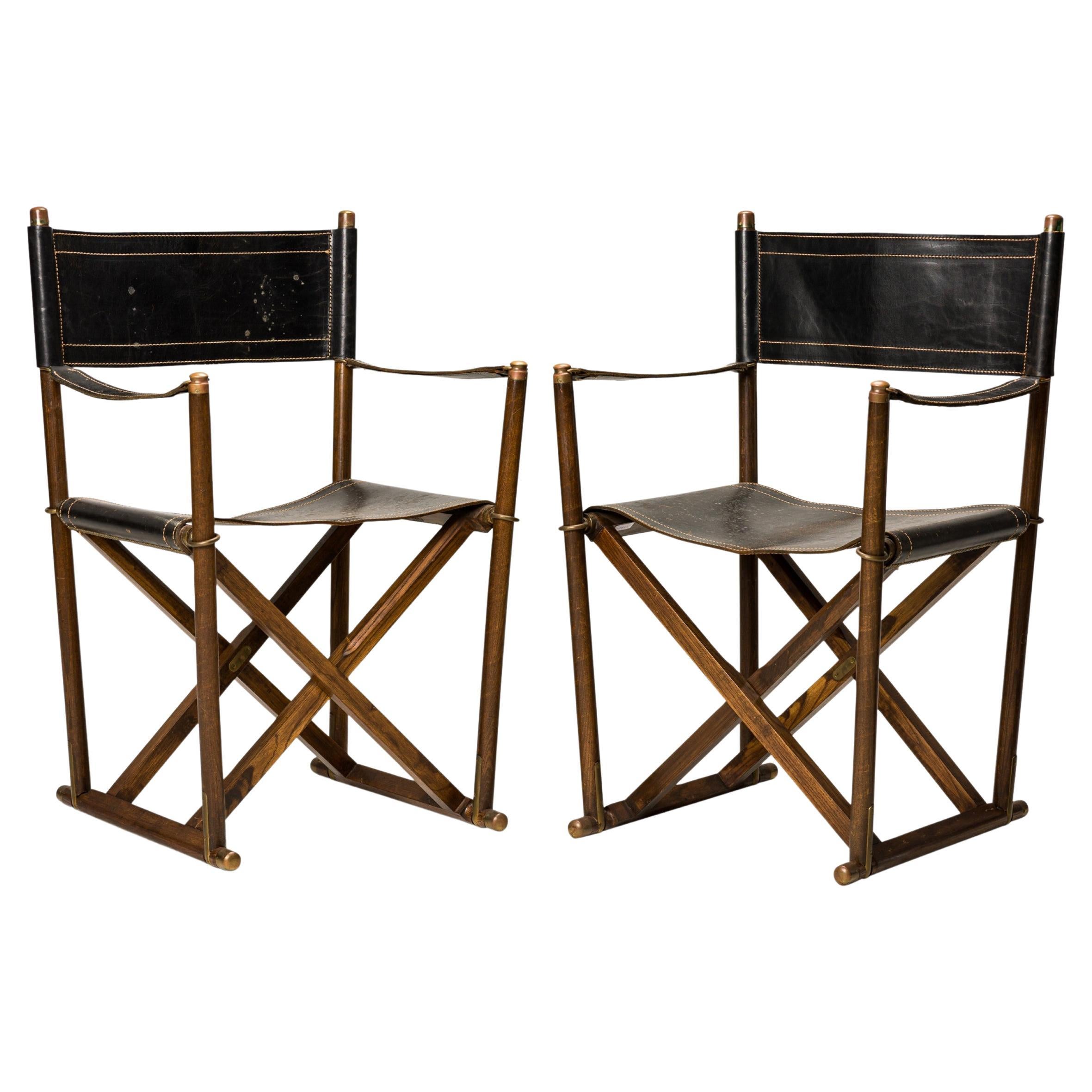 Pair of Sarreid Black Leather and Walnut Folding Campaign / Director's Chairs For Sale