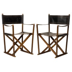 Pair of Sarreid Black Leather and Walnut Folding Campaign / Director's Chairs