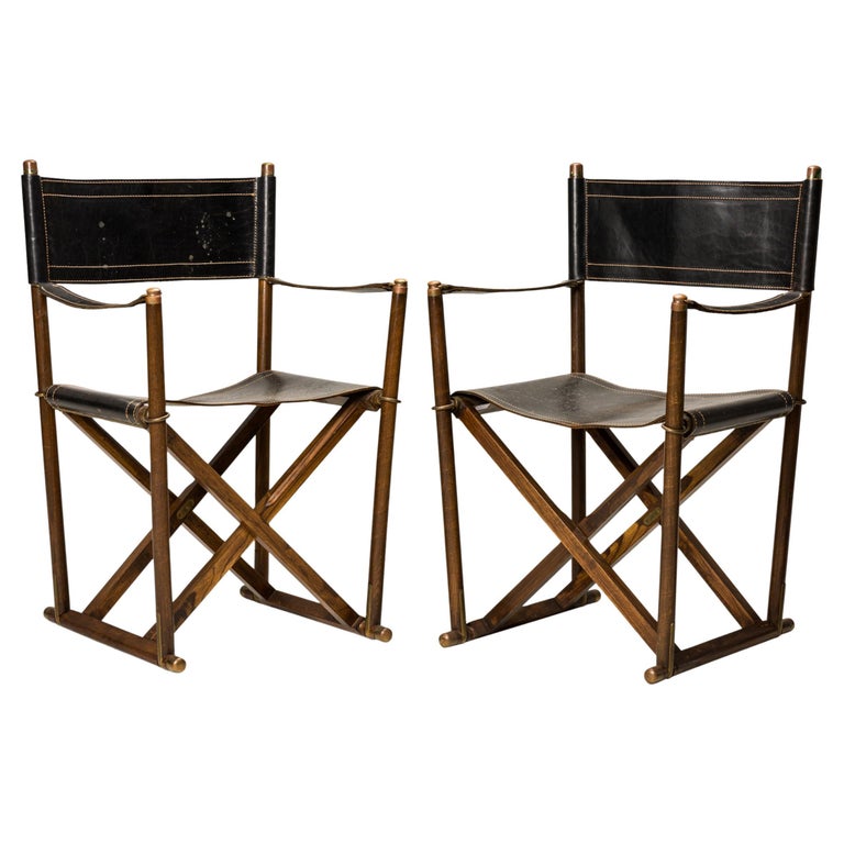 Pair of Sarreid Black Leather and Walnut Folding Campaign / Director's