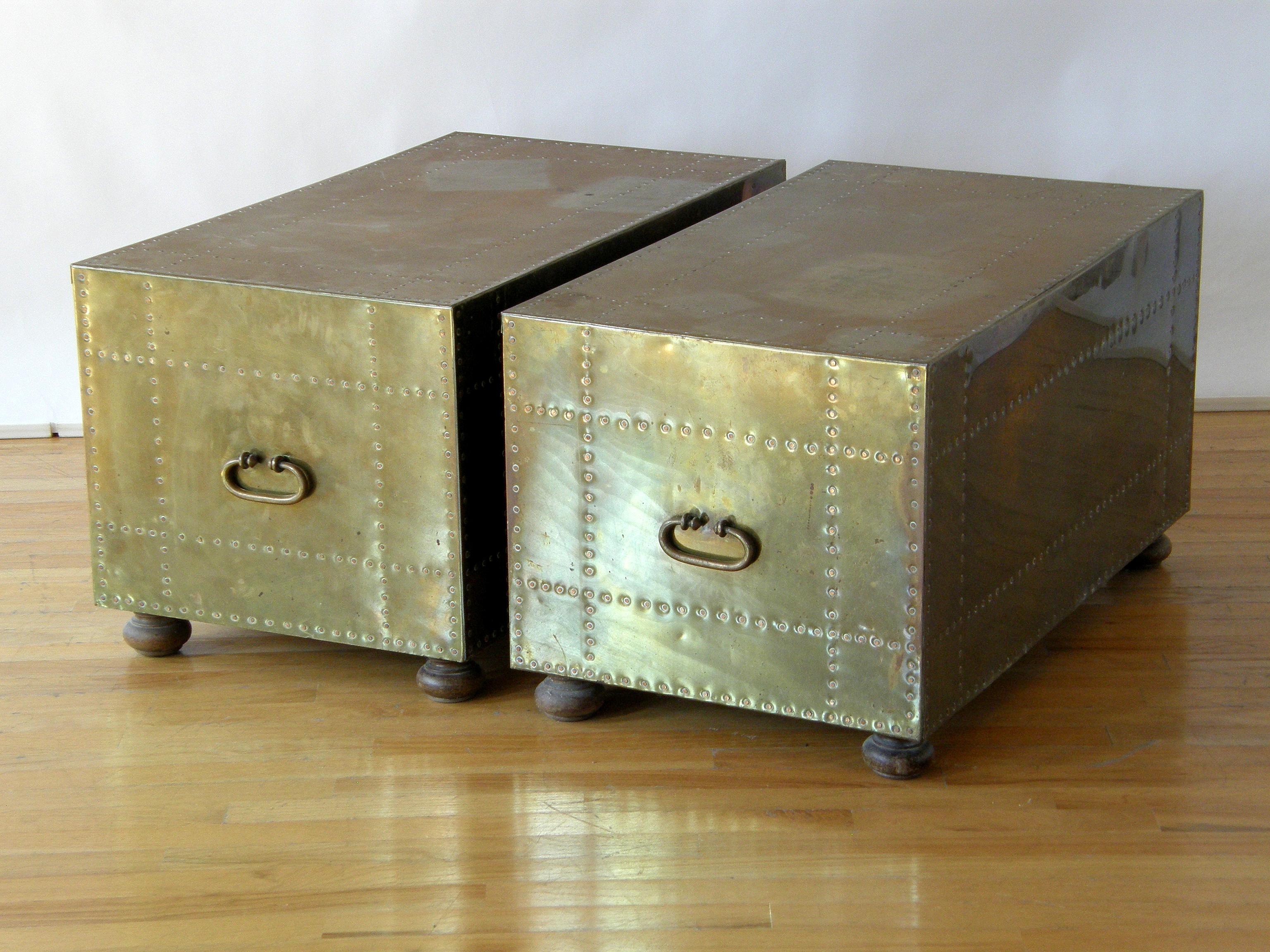 Pair of Sarreid Brass Clad Chests Trunks with Nail Head Pattern and Side Handles 6