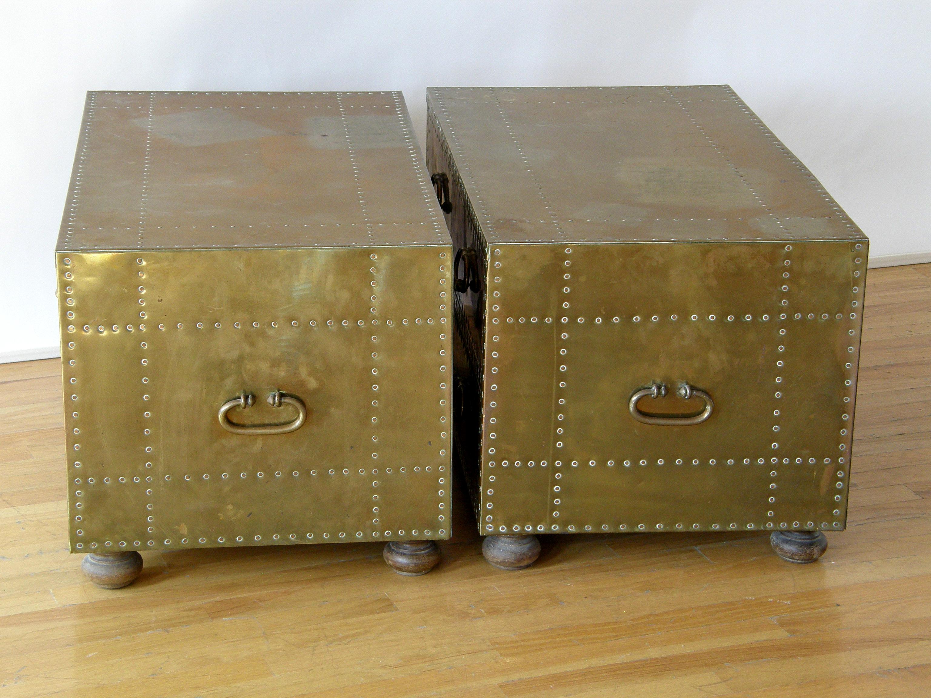 Pair of Sarreid Brass Clad Chests Trunks with Nail Head Pattern and Side Handles 7