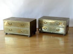 Pair of Sarreid Brass Clad Chests Trunks with Nail Head Pattern and Side Handles
