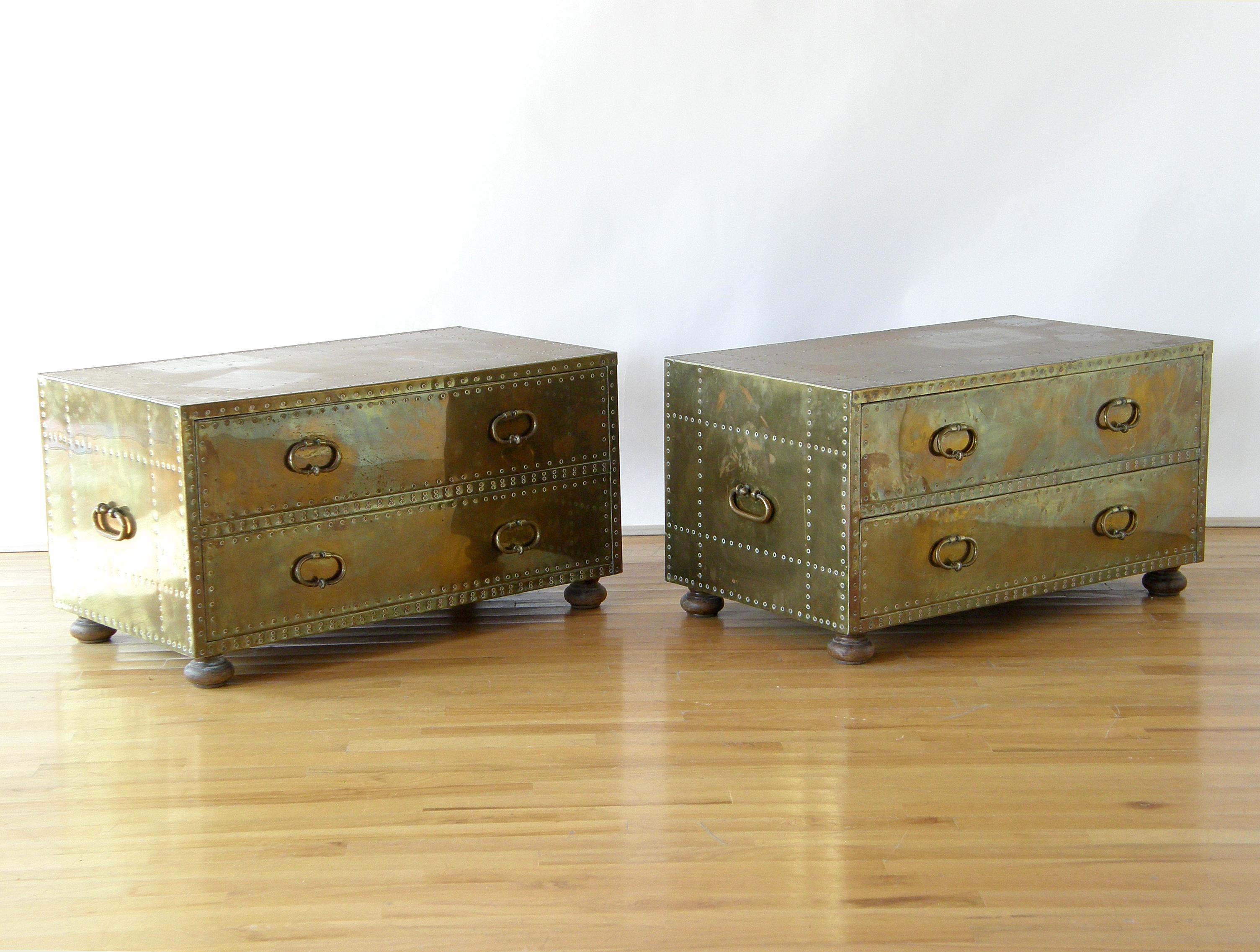 Pair of Sarreid Brass Clad Chests Trunks with Nail Head Pattern and Side Handles In Good Condition In Chicago, IL