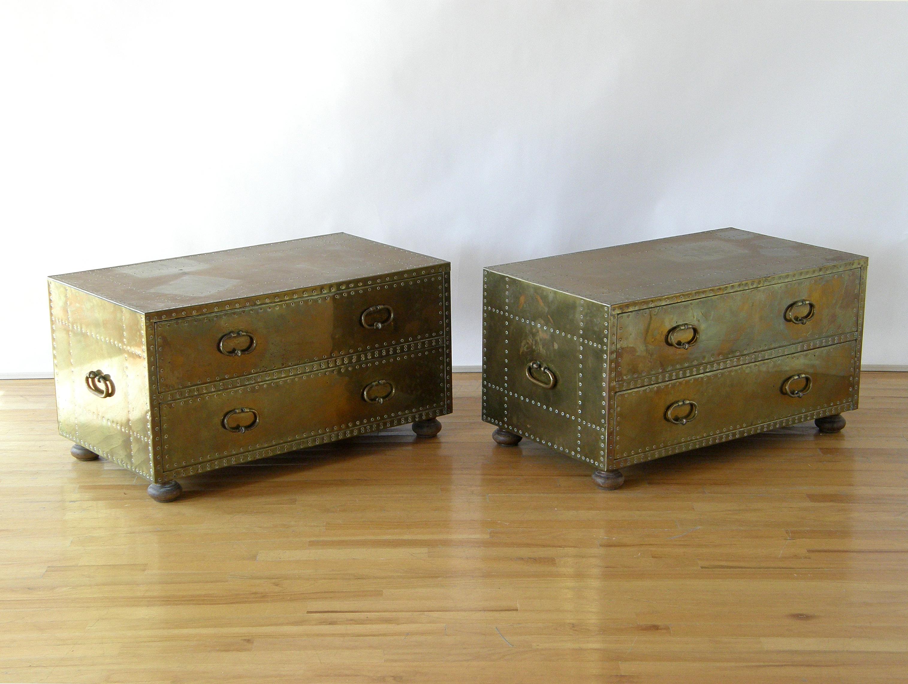 Late 20th Century Pair of Sarreid Brass Clad Chests Trunks with Nail Head Pattern and Side Handles