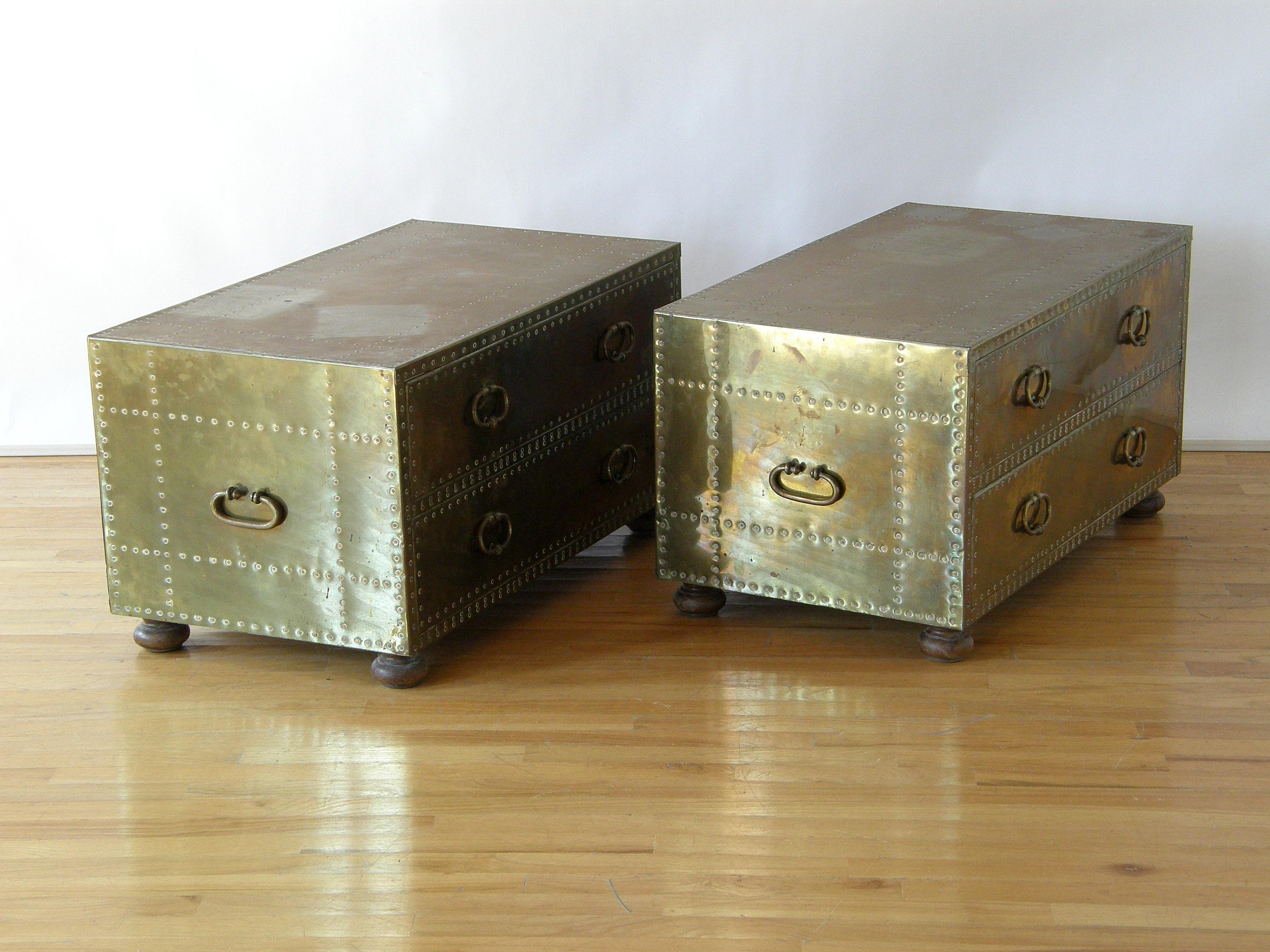 Pair of Sarreid Brass Clad Chests Trunks with Nail Head Pattern and Side Handles 1