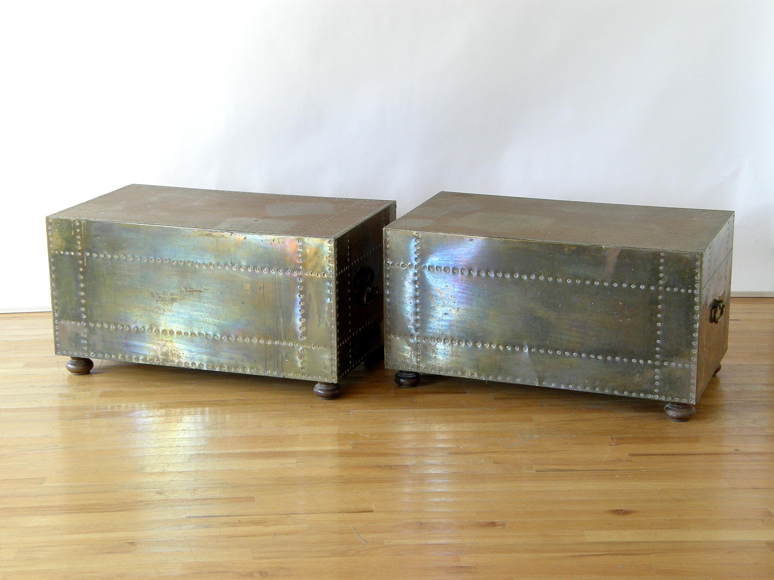 Pair of Sarreid Brass Clad Chests Trunks with Nail Head Pattern and Side Handles 2