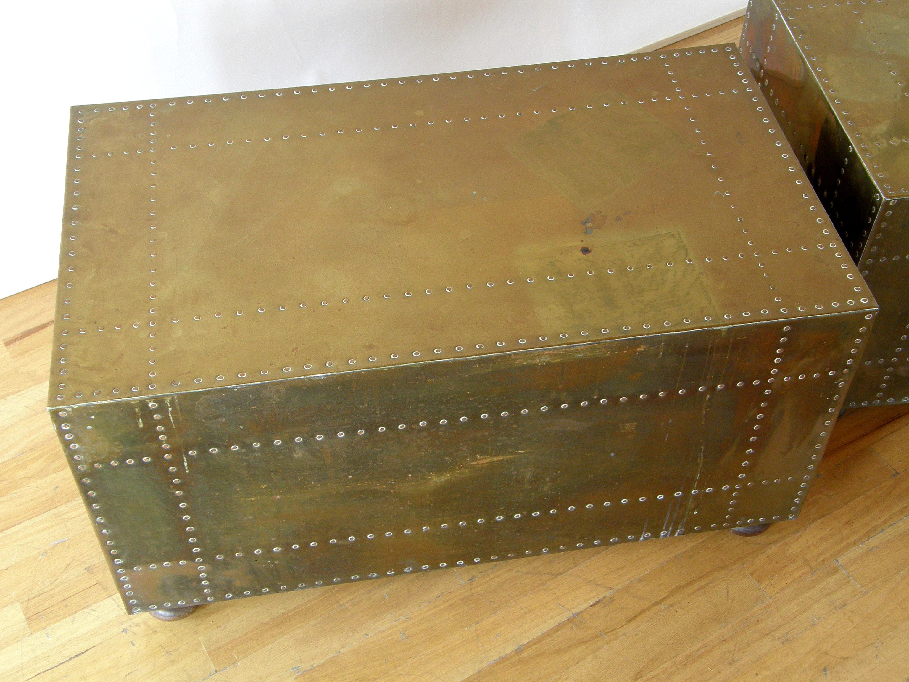 Pair of Sarreid Brass Clad Chests Trunks with Nail Head Pattern and Side Handles 3