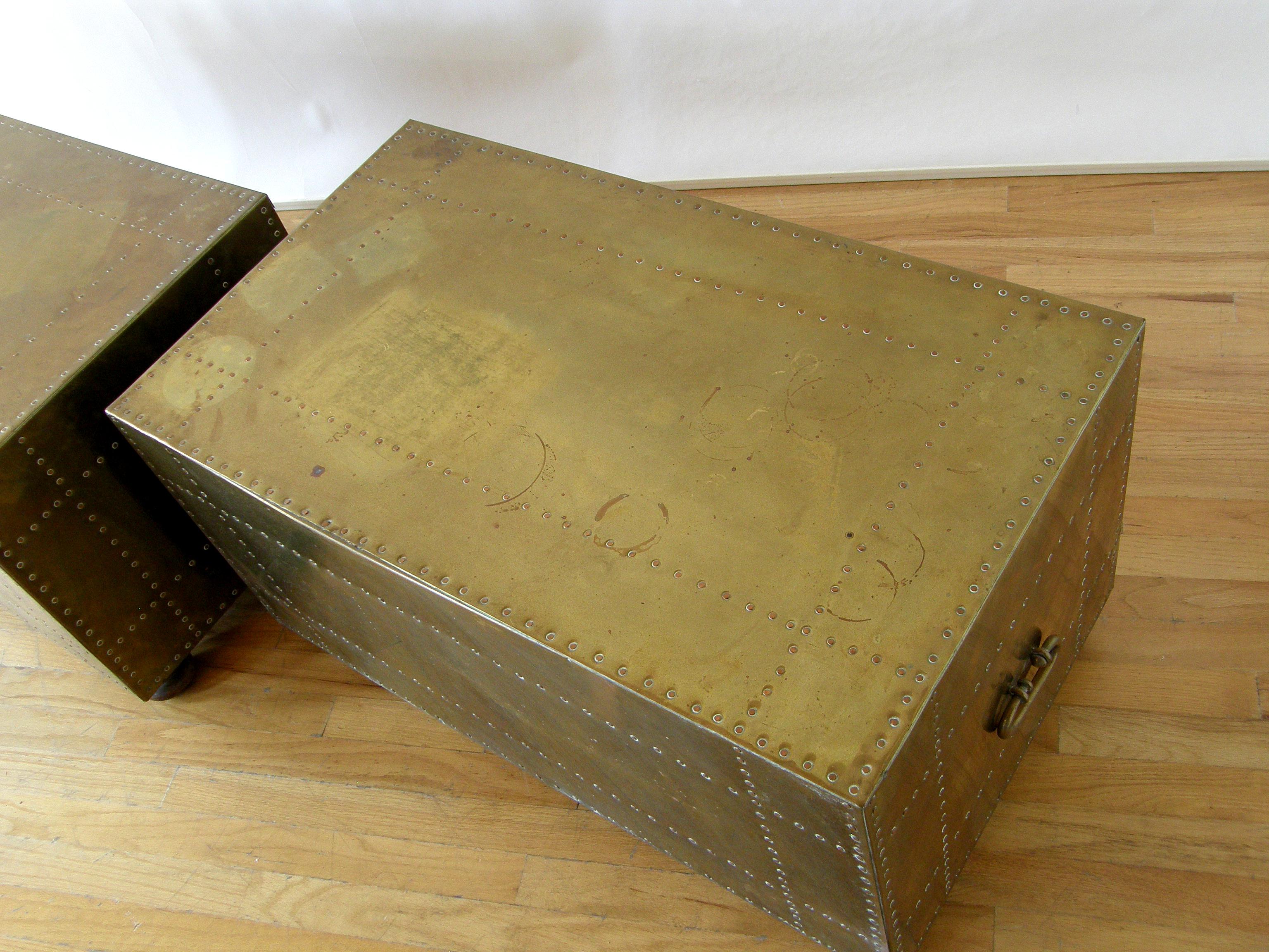 Pair of Sarreid Brass Clad Chests Trunks with Nail Head Pattern and Side Handles 4