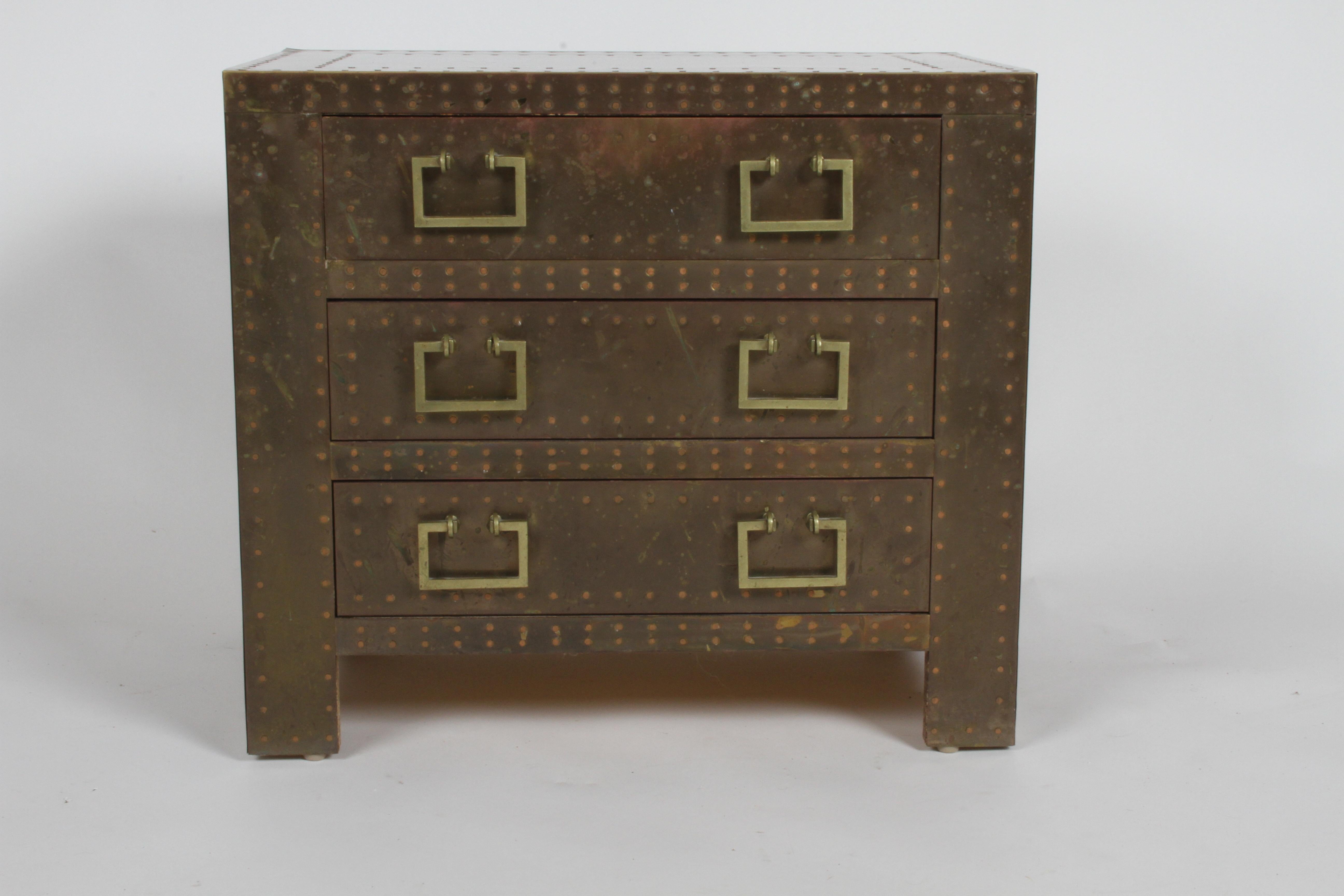 Hollywood Regency Pair of Sarreid Brass-Clad Chests Use as End Tables or Nightstands
