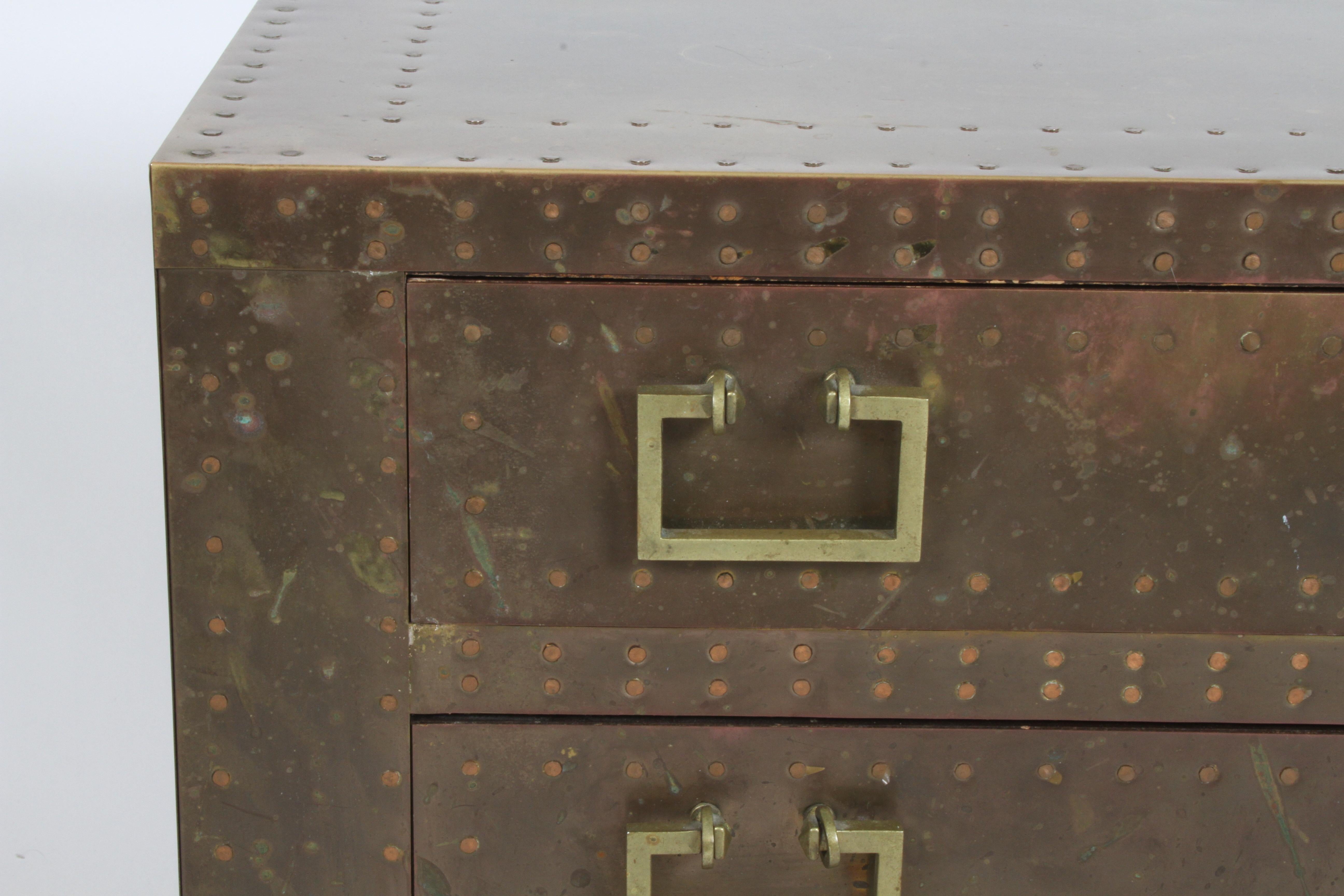 Pair of Sarreid Brass-Clad Chests Use as End Tables or Nightstands In Good Condition In St. Louis, MO