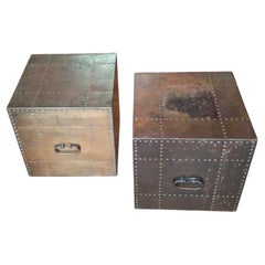 Pair of Sarreid, Ltd. Riveted Brass Clad Cube Occasional Tables