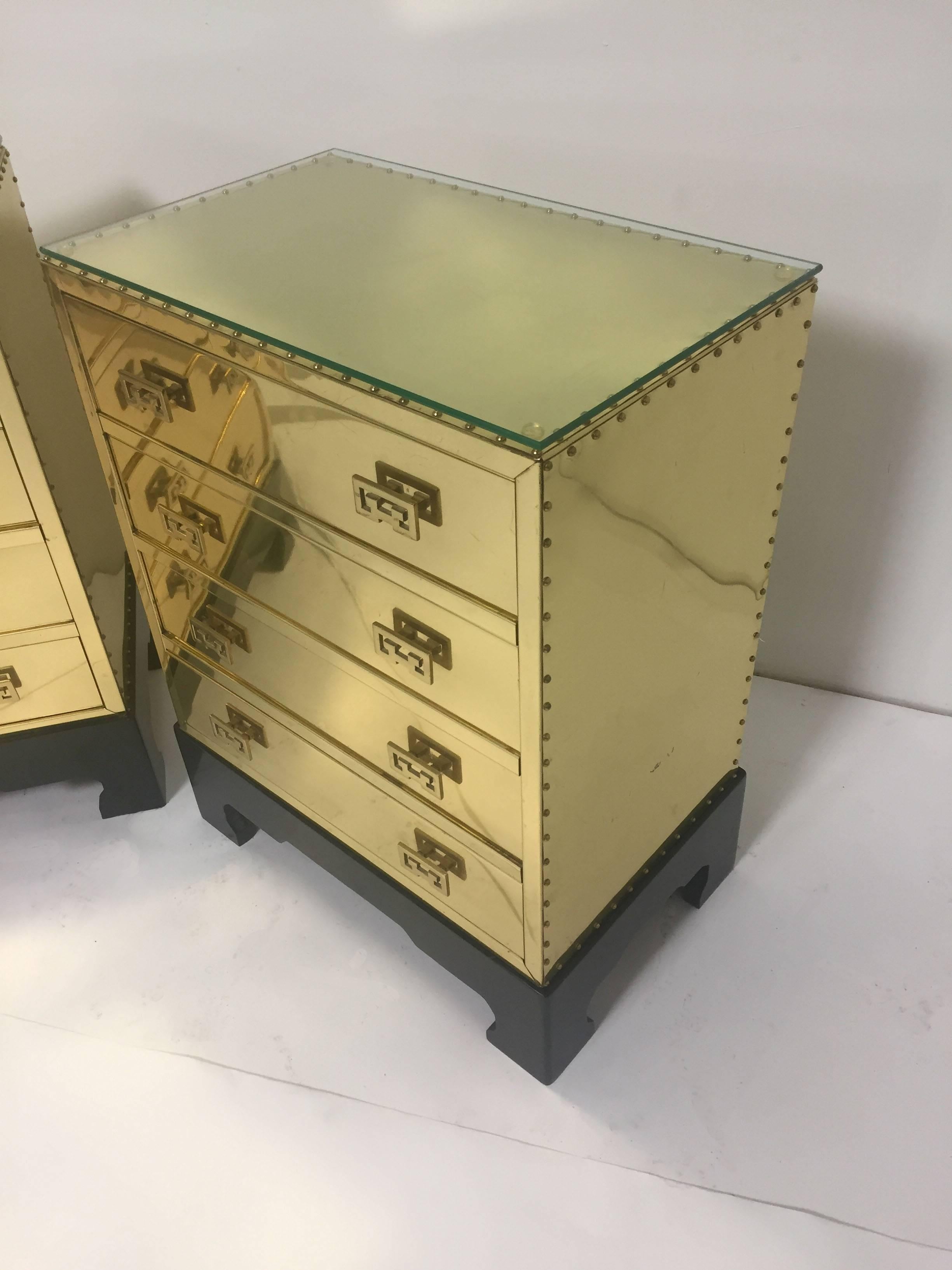 Unknown Pair of Sarreid Style Brass-Clad Chests or End Tables, circa 1970s
