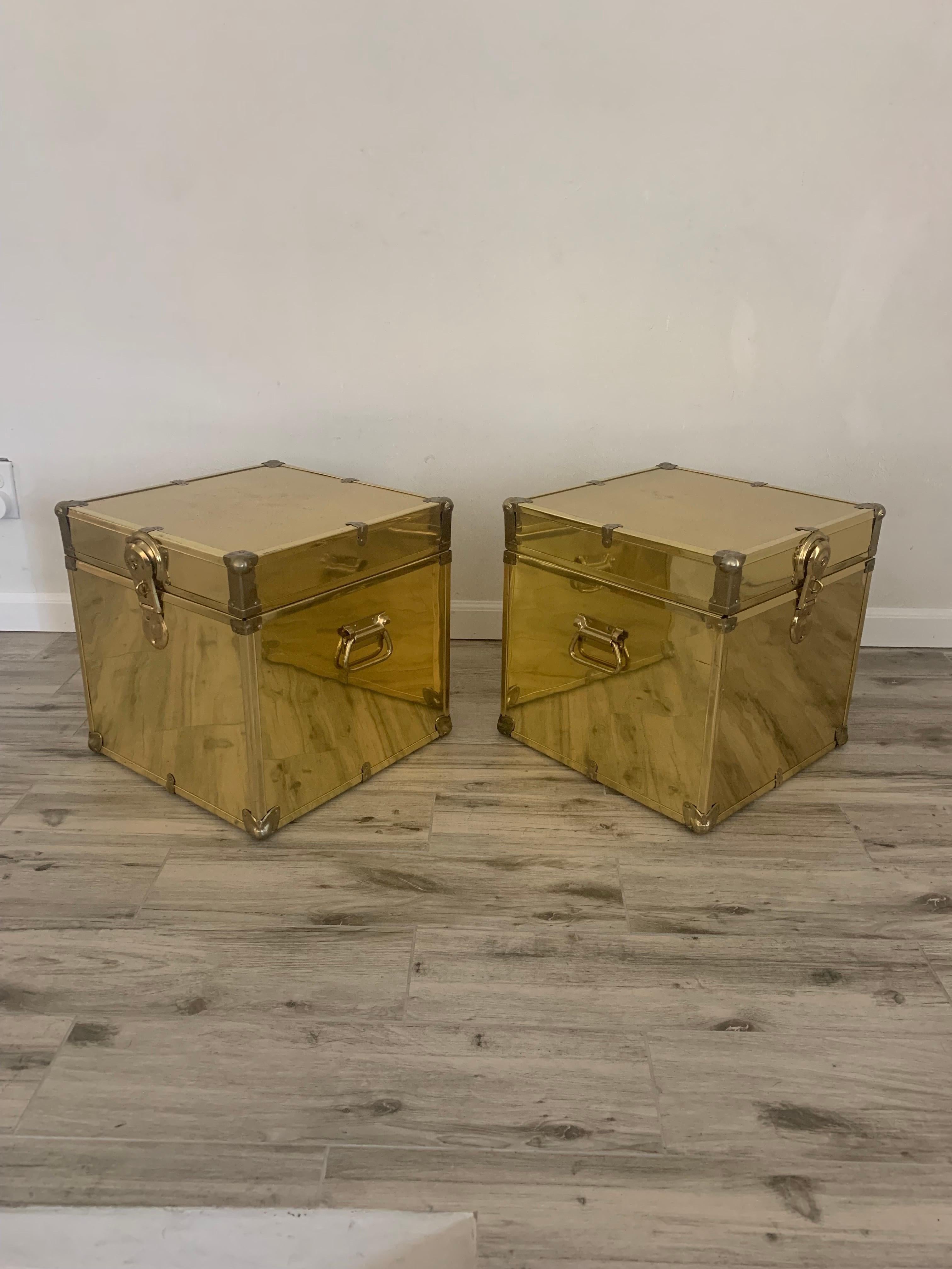 Pair of Sarreid Style Brass Clad Trunks, Tables For Sale 3
