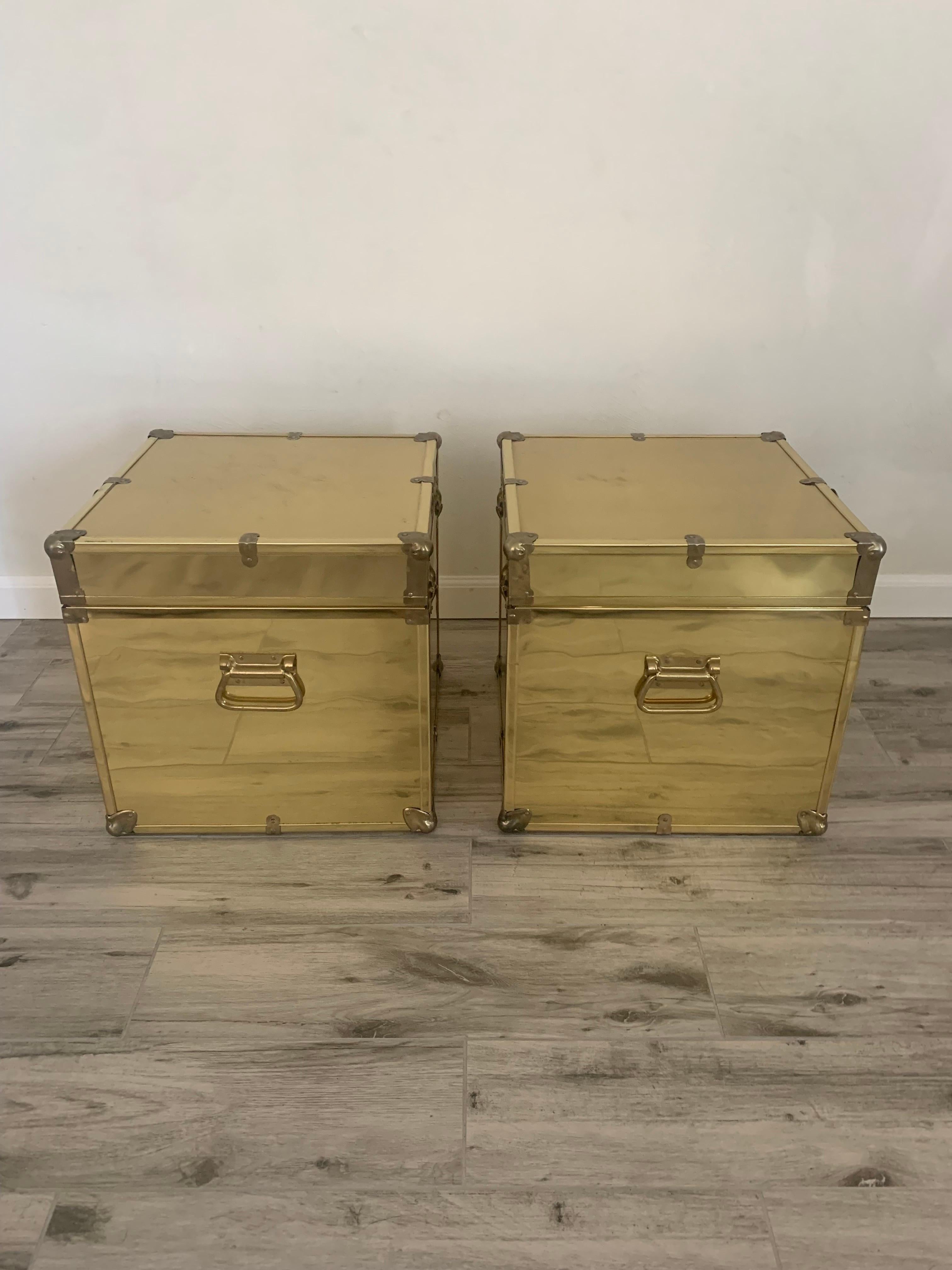 Pair of Sarreid Style Brass Clad Trunks, Tables For Sale 4