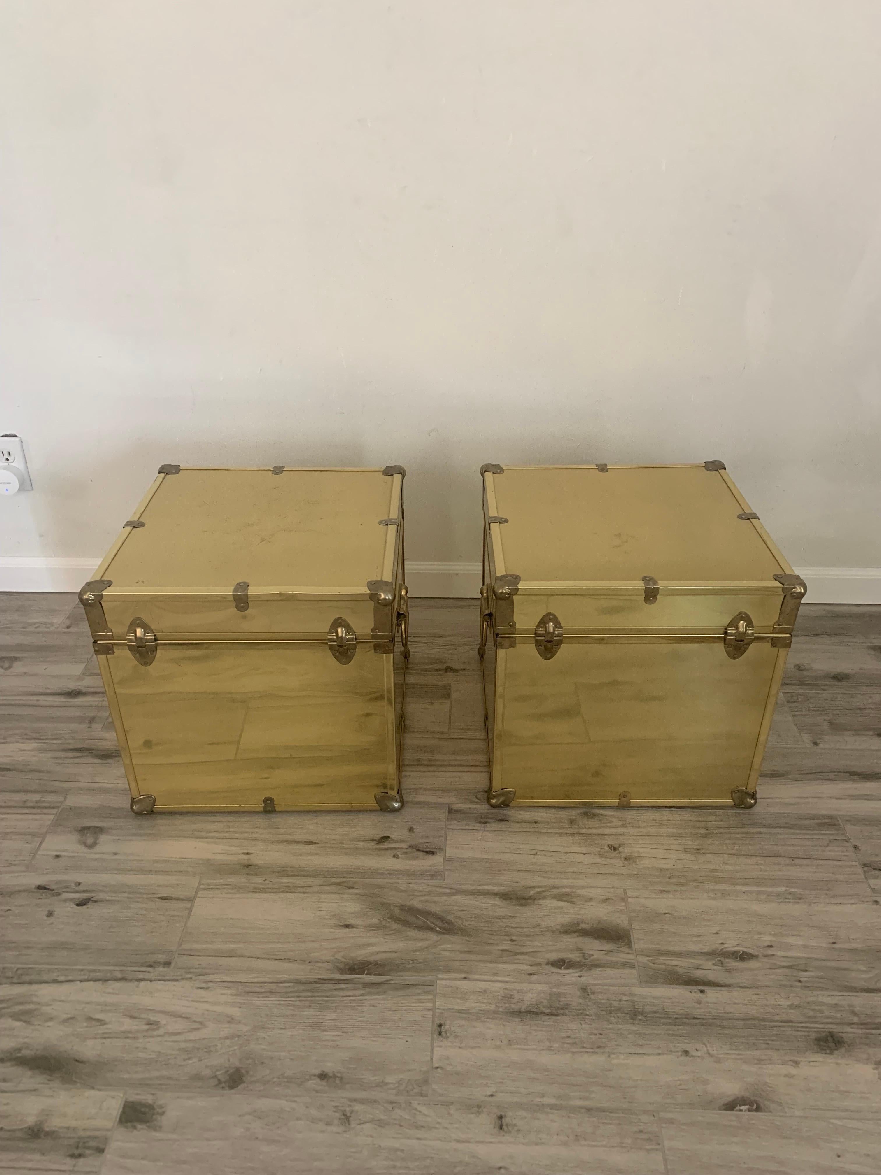 Pair of Sarreid Style Brass Clad Trunks, Tables For Sale 5