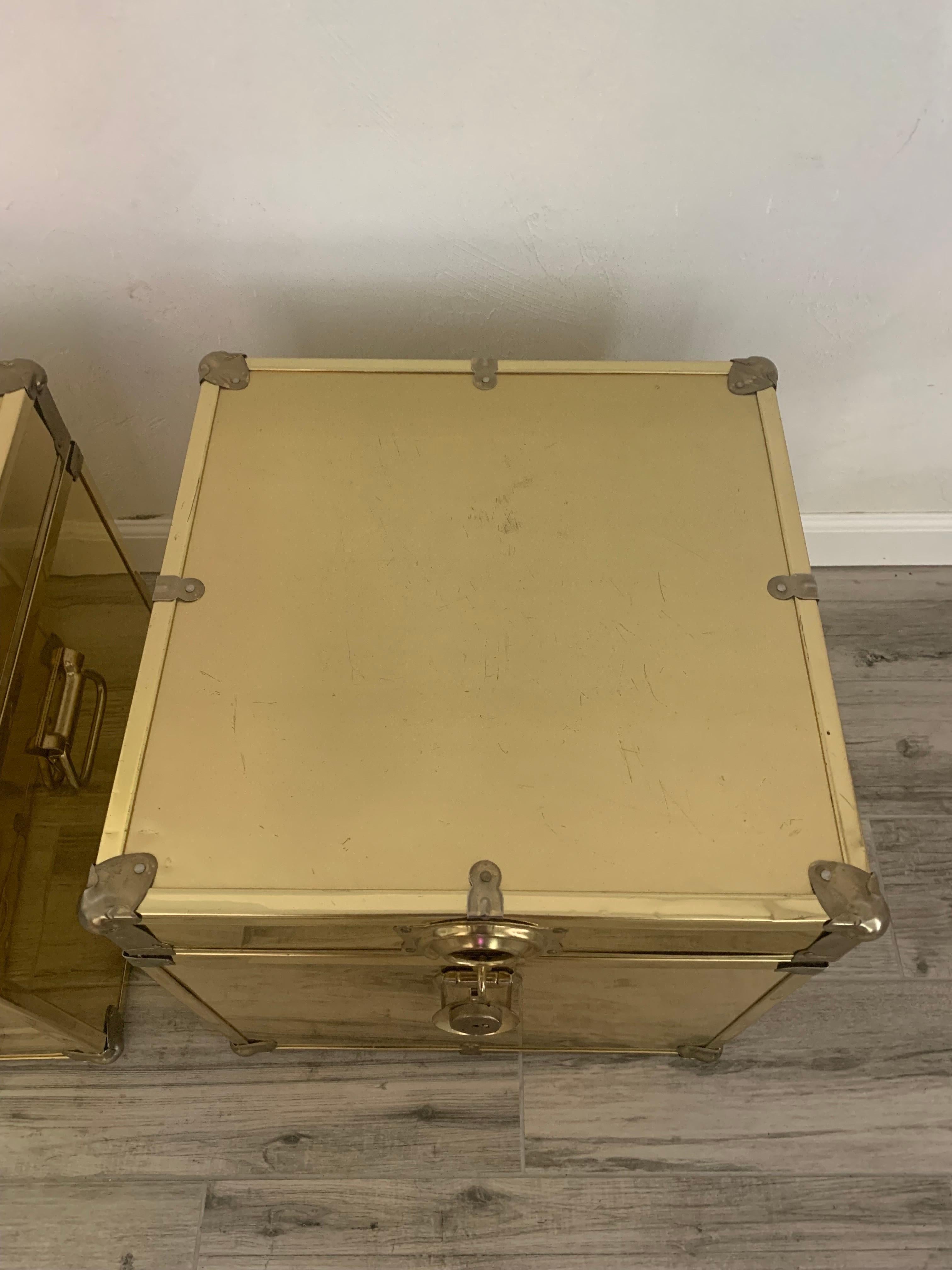 American Pair of Sarreid Style Brass Clad Trunks, Tables For Sale