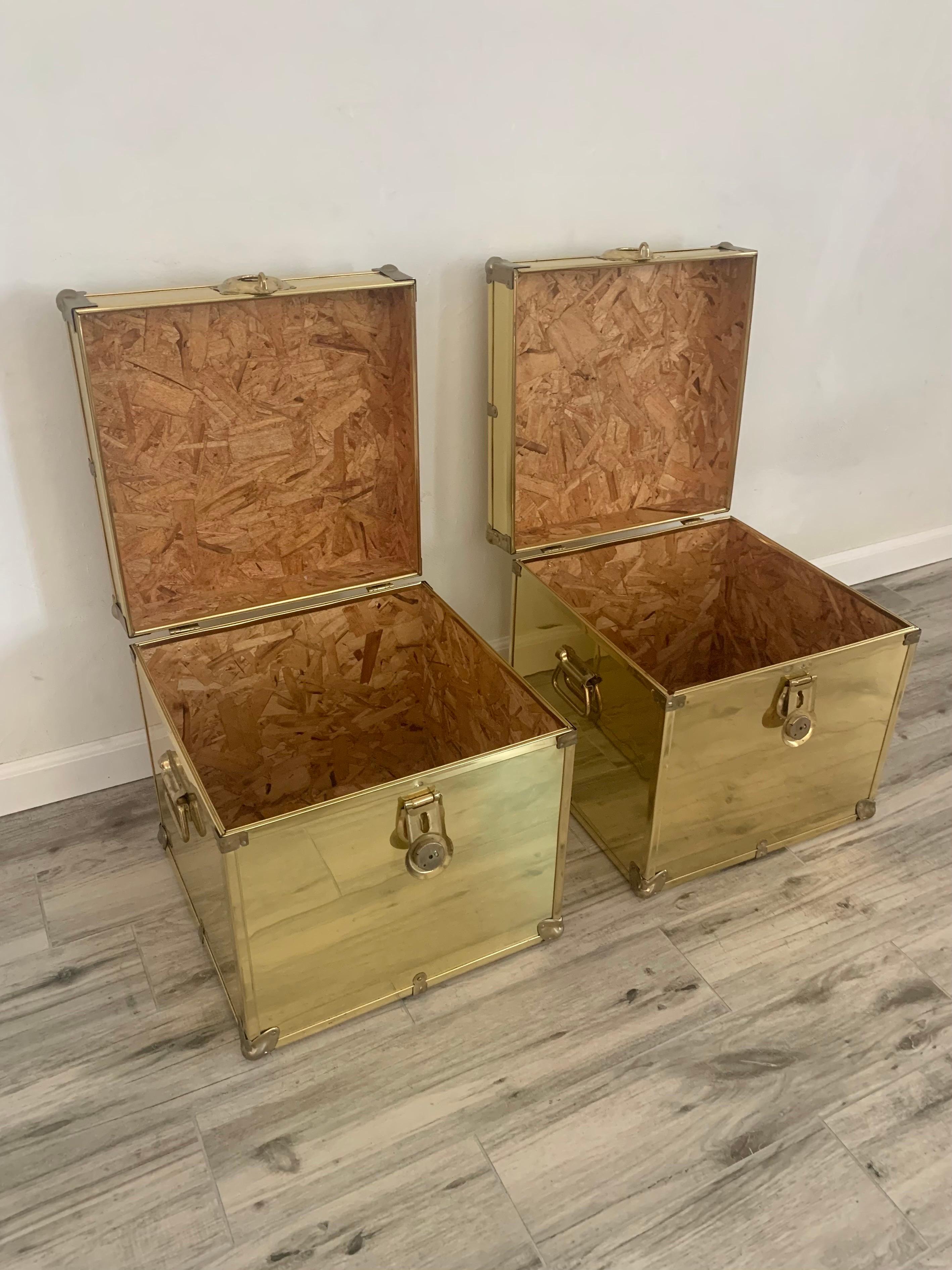 20th Century Pair of Sarreid Style Brass Clad Trunks, Tables For Sale
