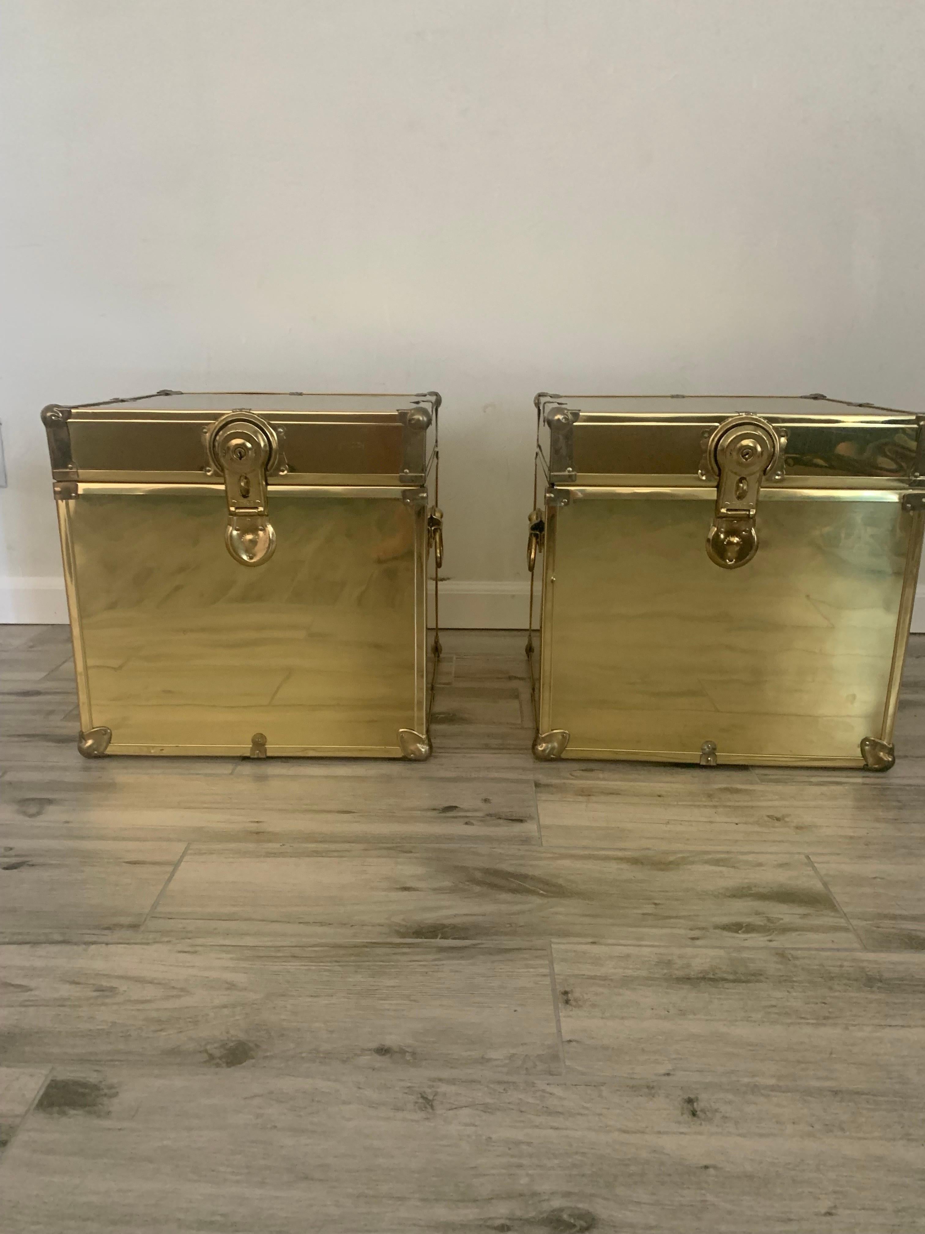 Pair of Sarreid Style Brass Clad Trunks, Tables For Sale 1