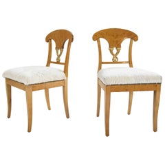 Antique Pair of Satin Birch Biedermeier Chairs in Ivory Brazilian Cowhide, circa 1820
