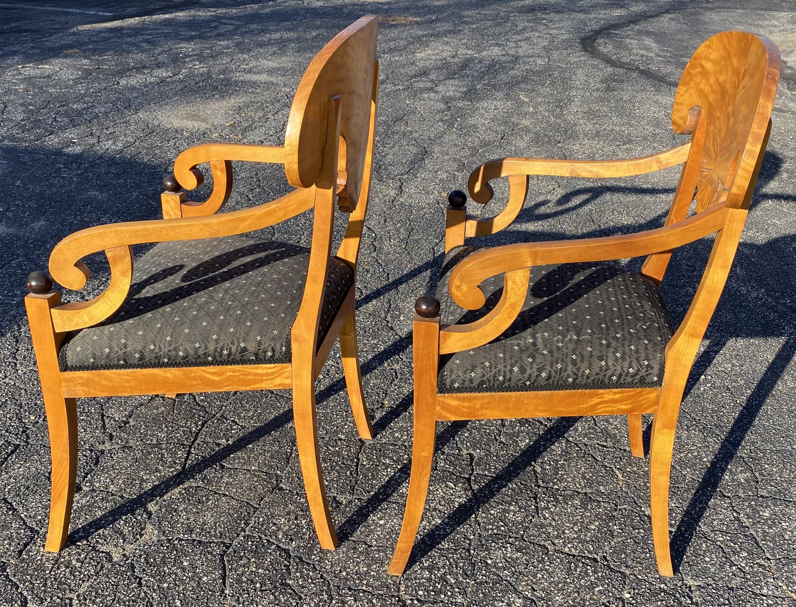 Pair of Satin Birch Biedermeier Style Armchairs with Radial Fan Carvings 2