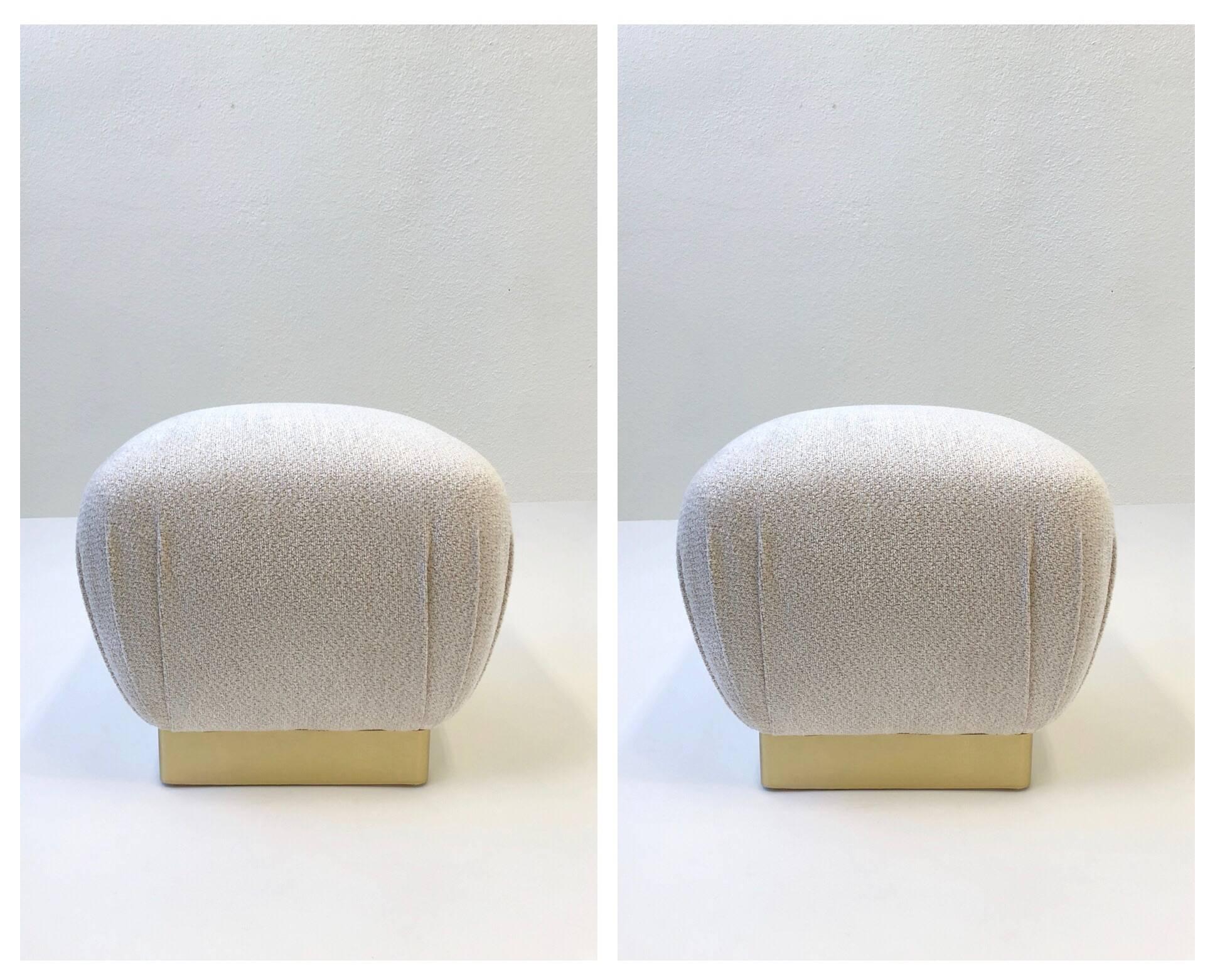 Pair of Satin Brass and Fabric Poufs by Marge Carson 4