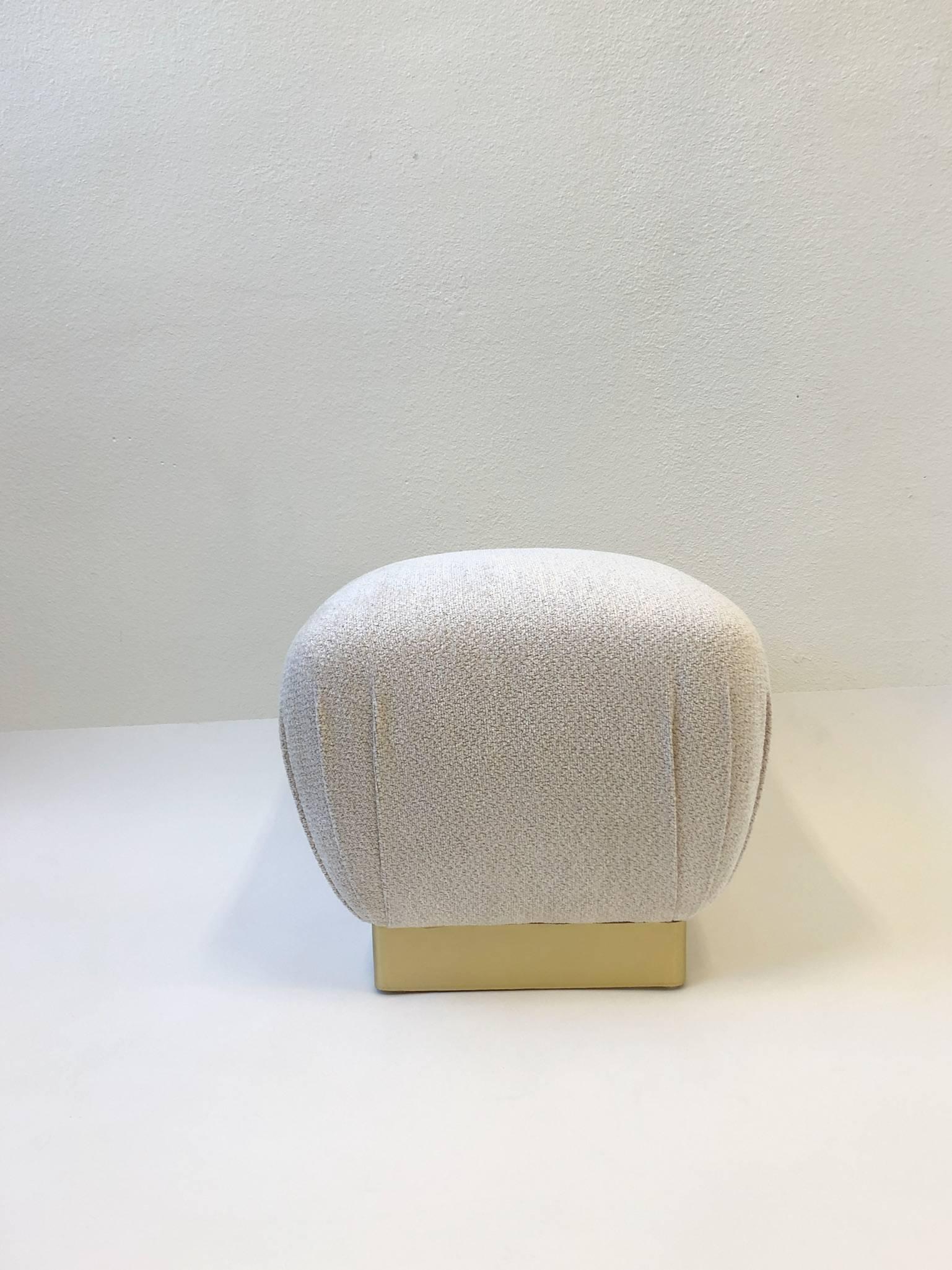 Modern Pair of Satin Brass and Fabric Poufs by Marge Carson