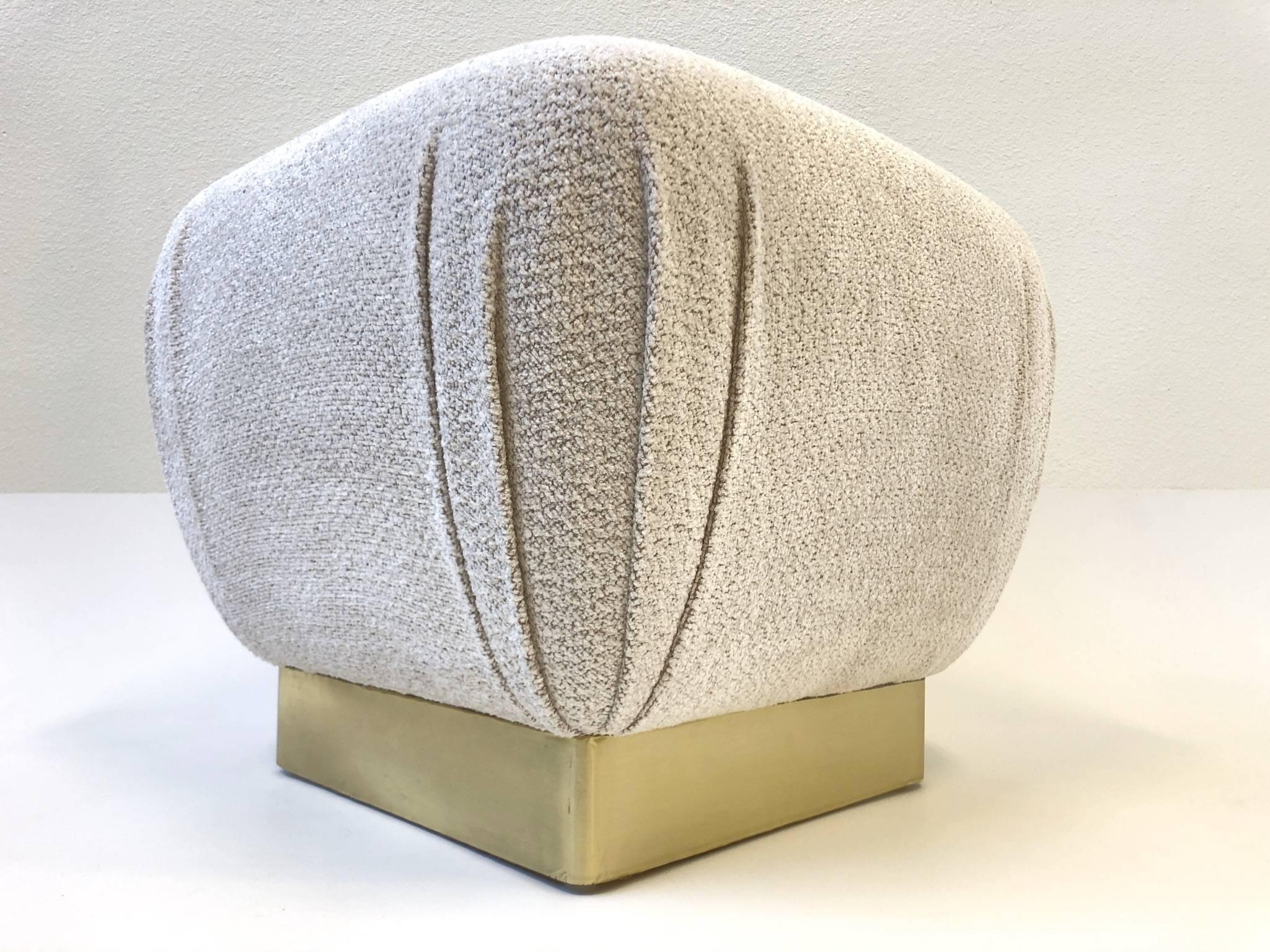 Late 20th Century Pair of Satin Brass and Fabric Poufs by Marge Carson