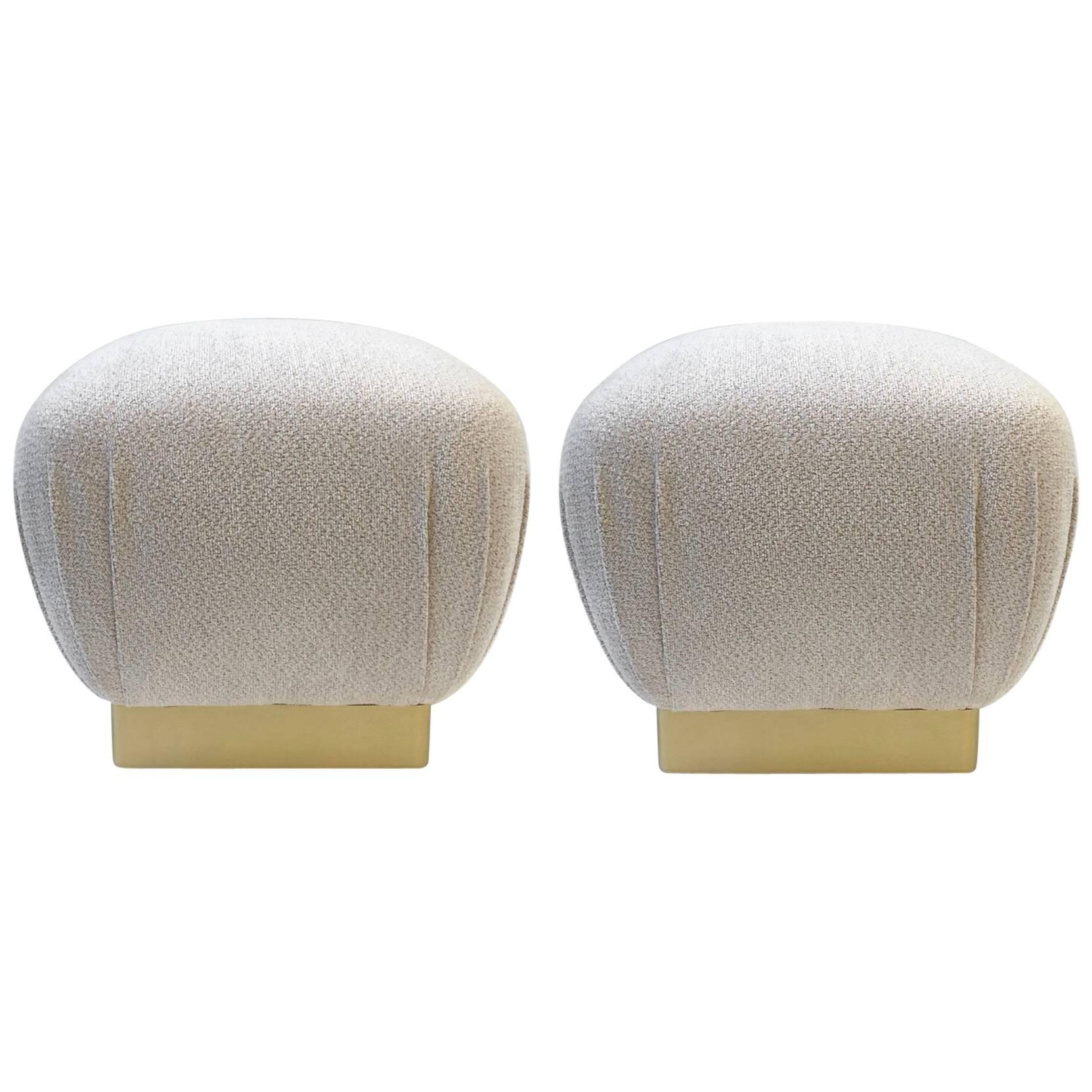 Pair of Satin Brass and Fabric Poufs by Marge Carson