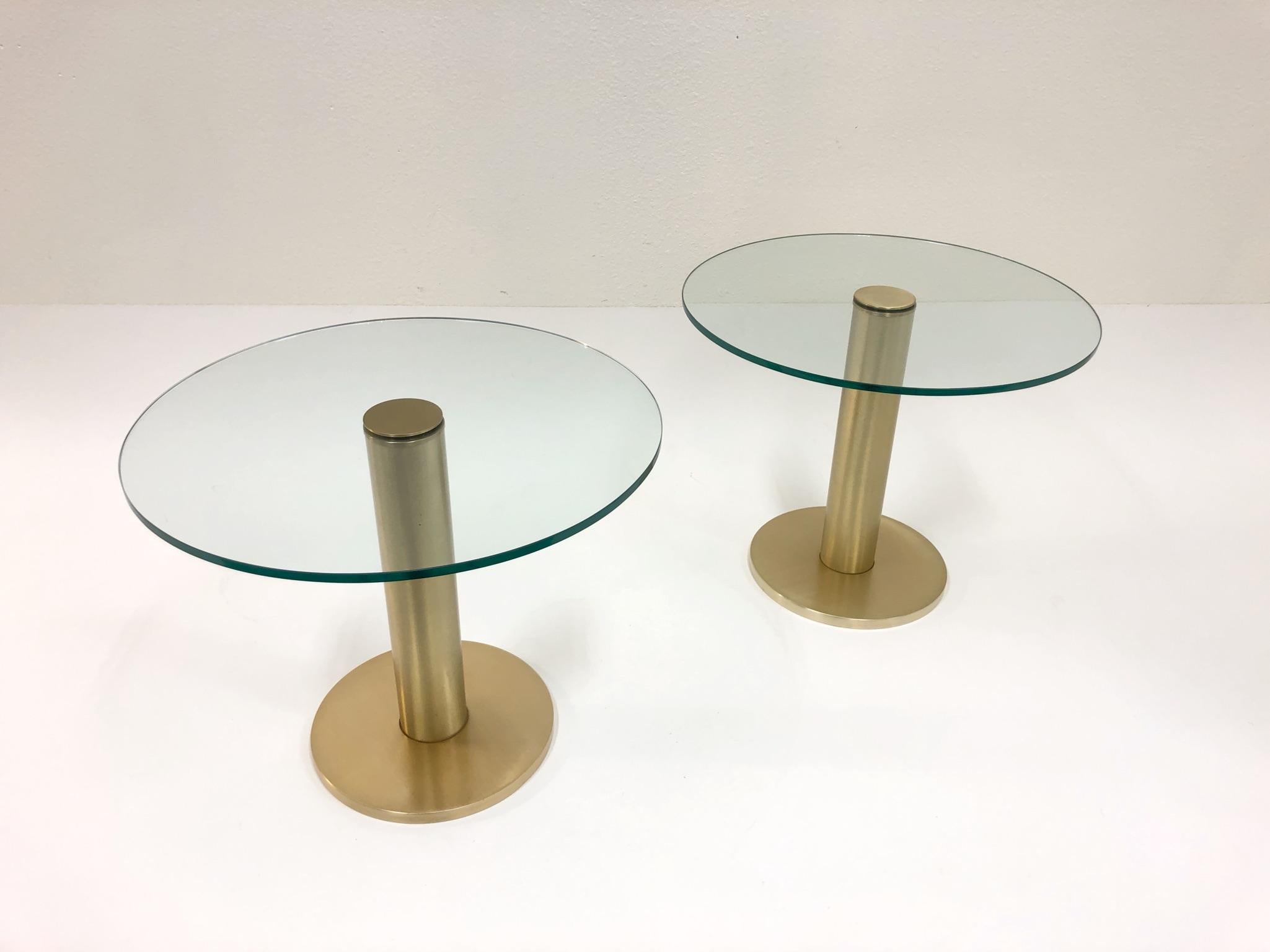 Modern Pair of Satin Brass and Glass Side Tables by Pace Collection  For Sale