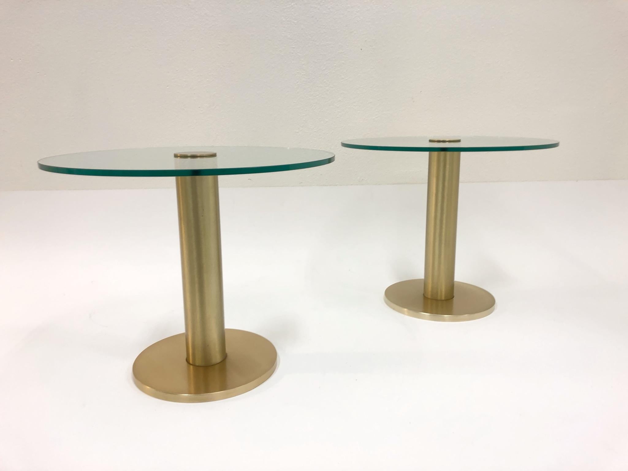 American Pair of Satin Brass and Glass Side Tables by Pace Collection  For Sale