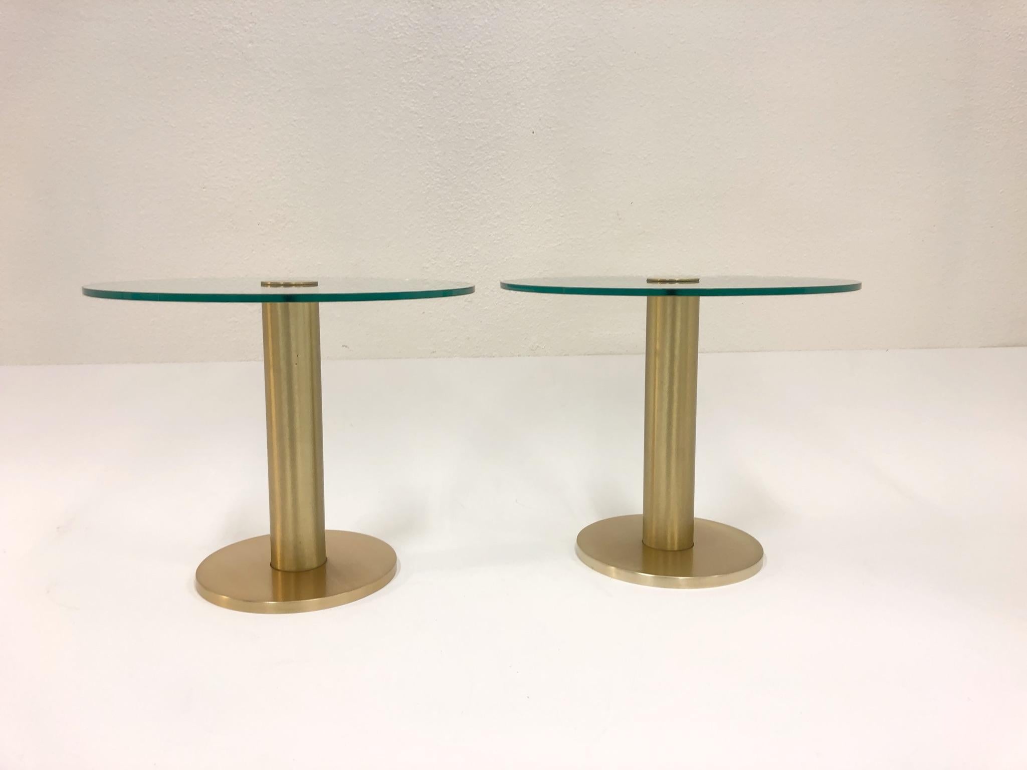 Brushed Pair of Satin Brass and Glass Side Tables by Pace Collection  For Sale