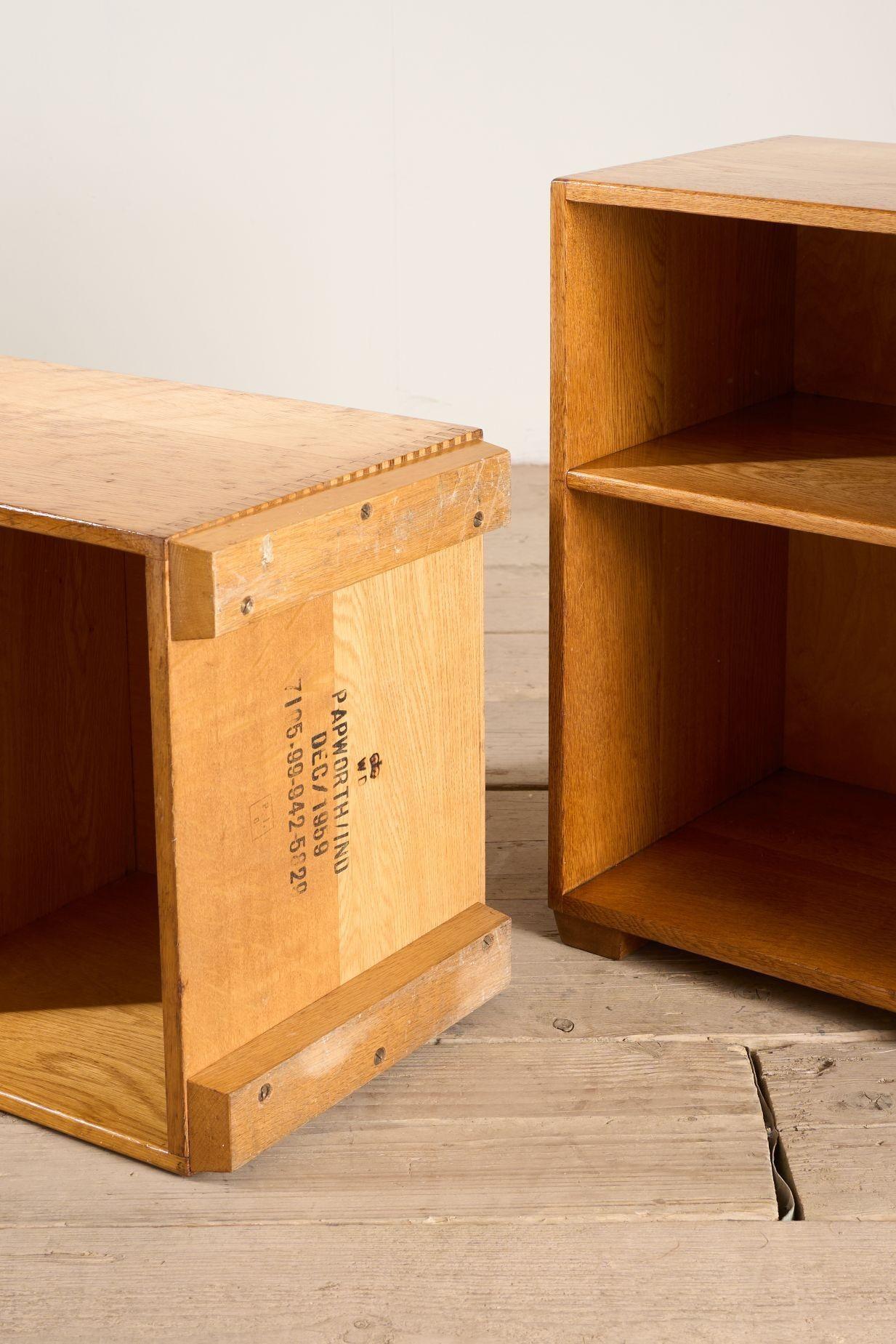 Pair of satin finish oak war department bedside tables For Sale 6