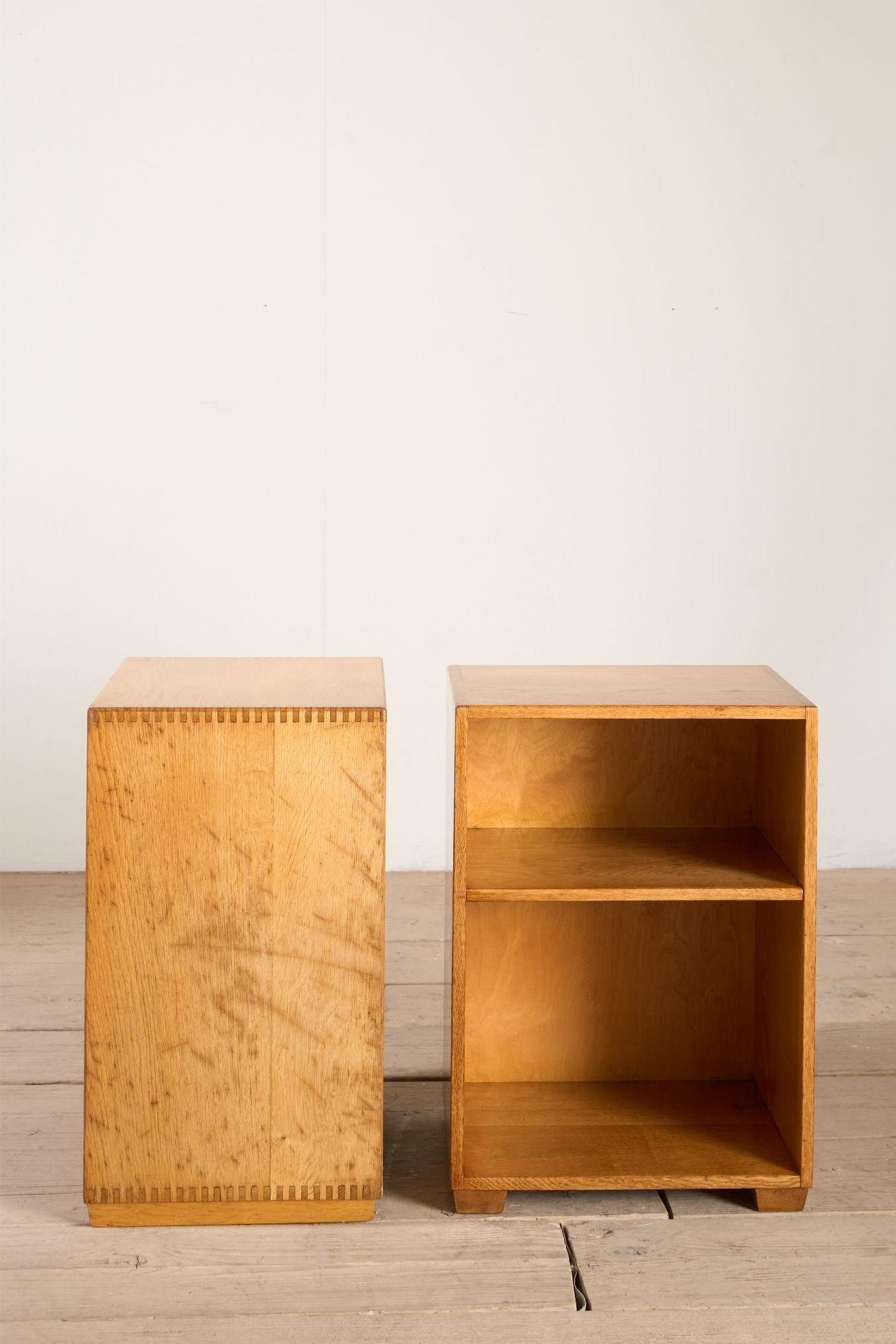 Pair of satin finish oak war department bedside tables For Sale 7