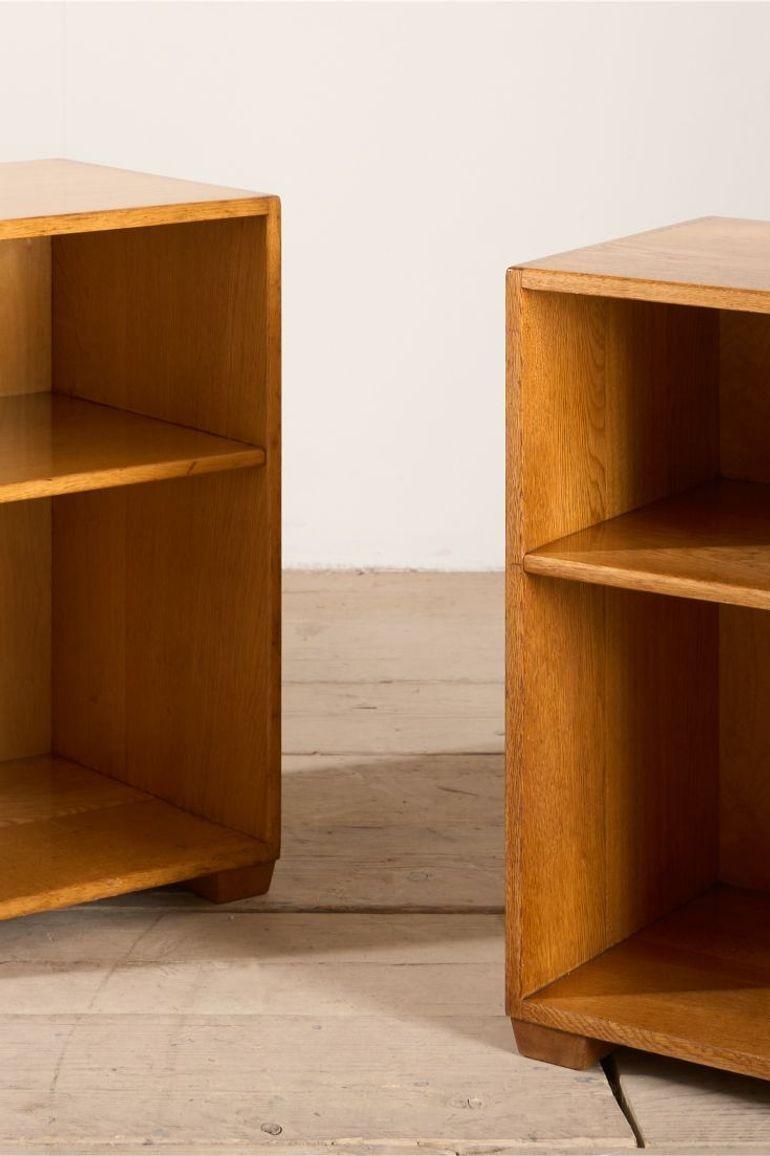 Pair of satin finish oak war department bedside tables In Excellent Condition For Sale In Malton, GB