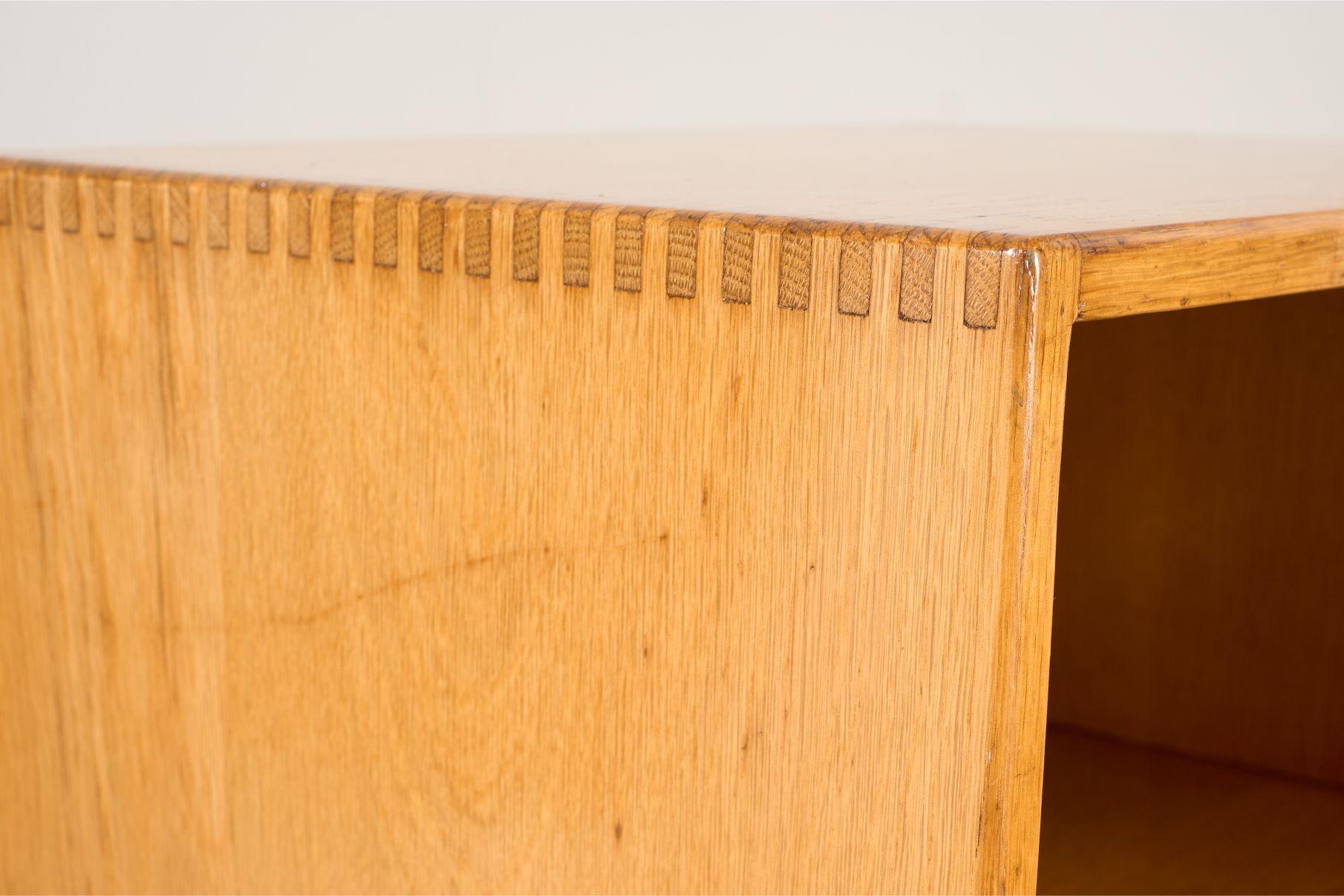 Pair of satin finish oak war department bedside tables For Sale 1