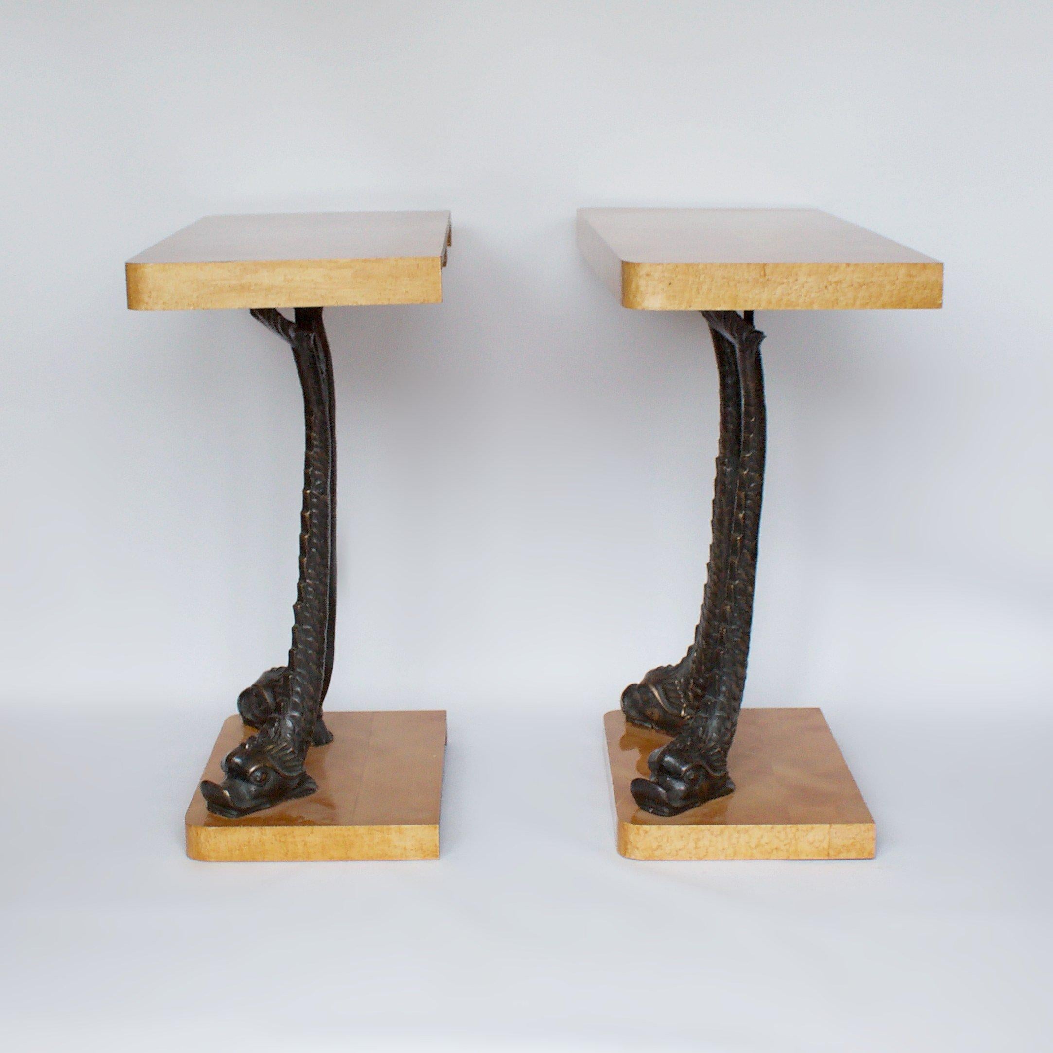 Pair of Satin Wood Console Tables Set over 19th Century Bronze Dolphins In Good Condition In Forest Row, East Sussex