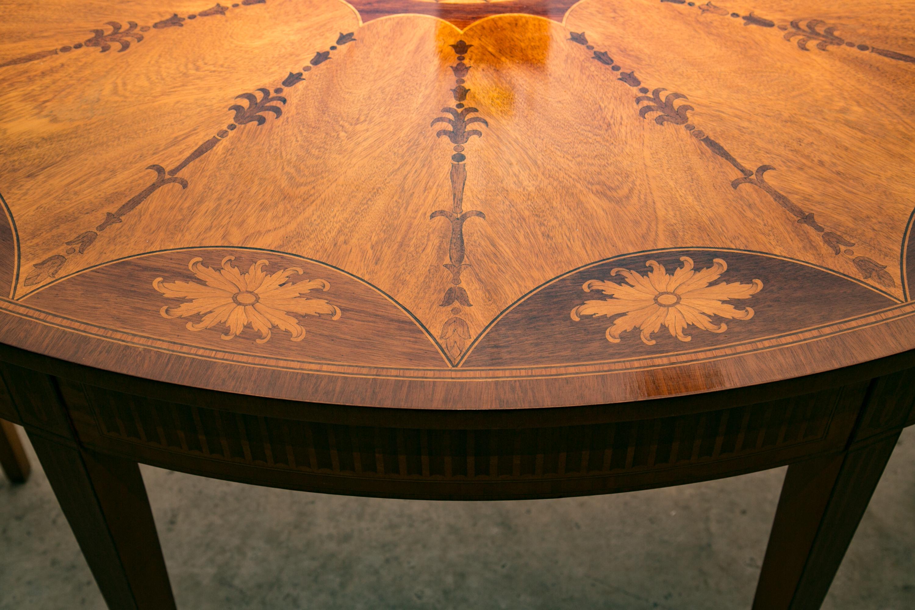Pair of Satinwood and Mahogany Demilune Adam Style Consoles with Inlaid Design In Good Condition In WEST PALM BEACH, FL