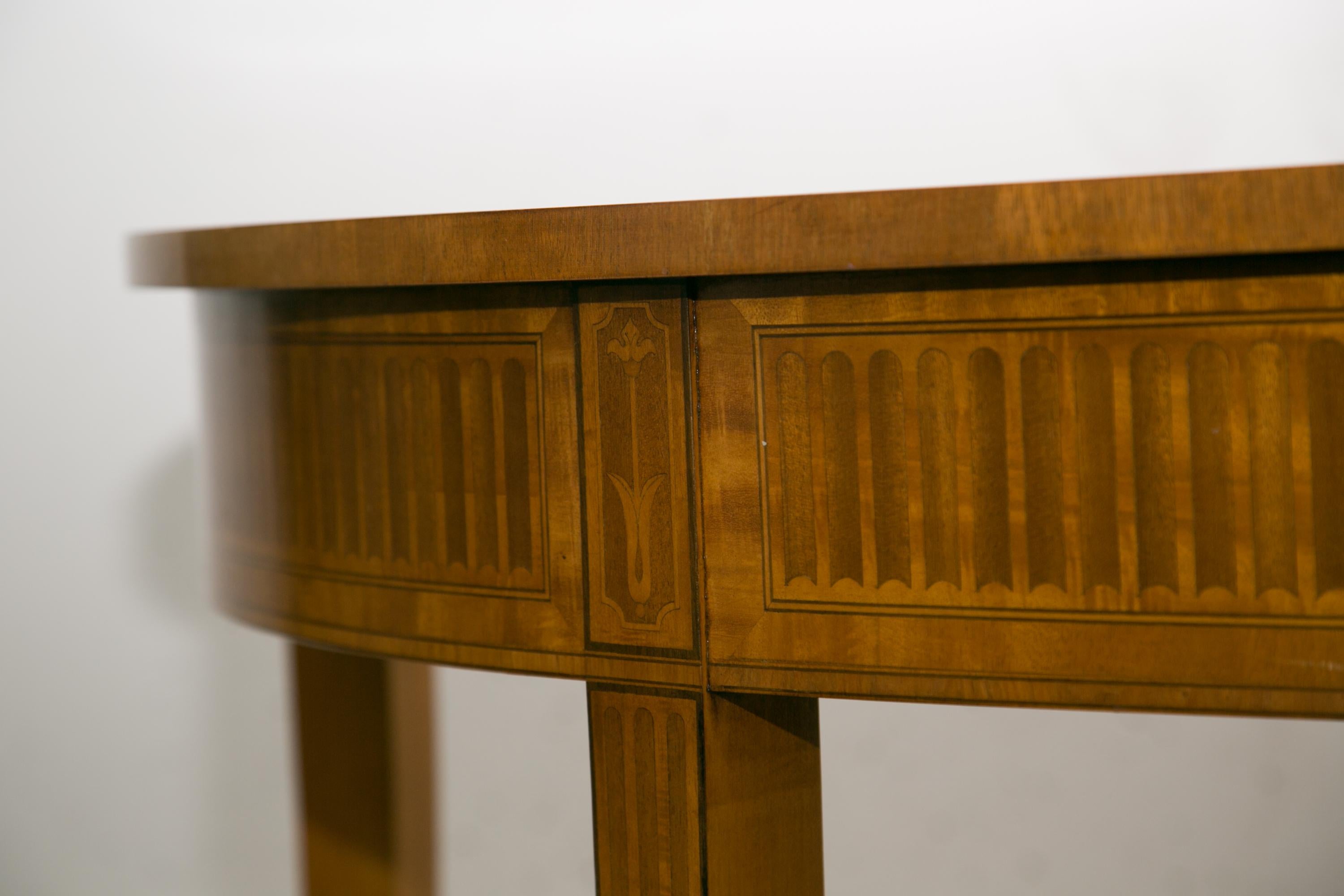 20th Century Pair of Satinwood and Mahogany Demilune Adam Style Consoles with Inlaid Design