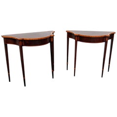 Pair of Satinwood Banded Sheraton Style Demilune Style Console Tables