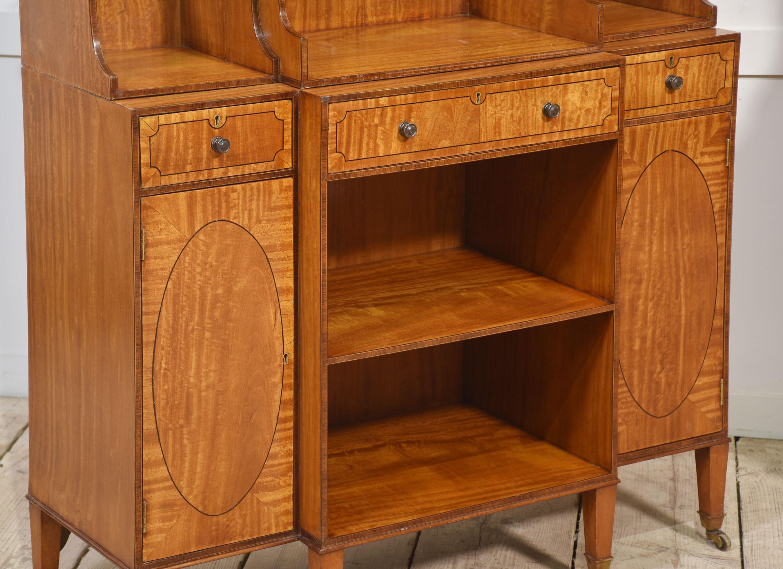 Pair of satinwood crossbanded open breakfront waterfall bookcases For Sale 4