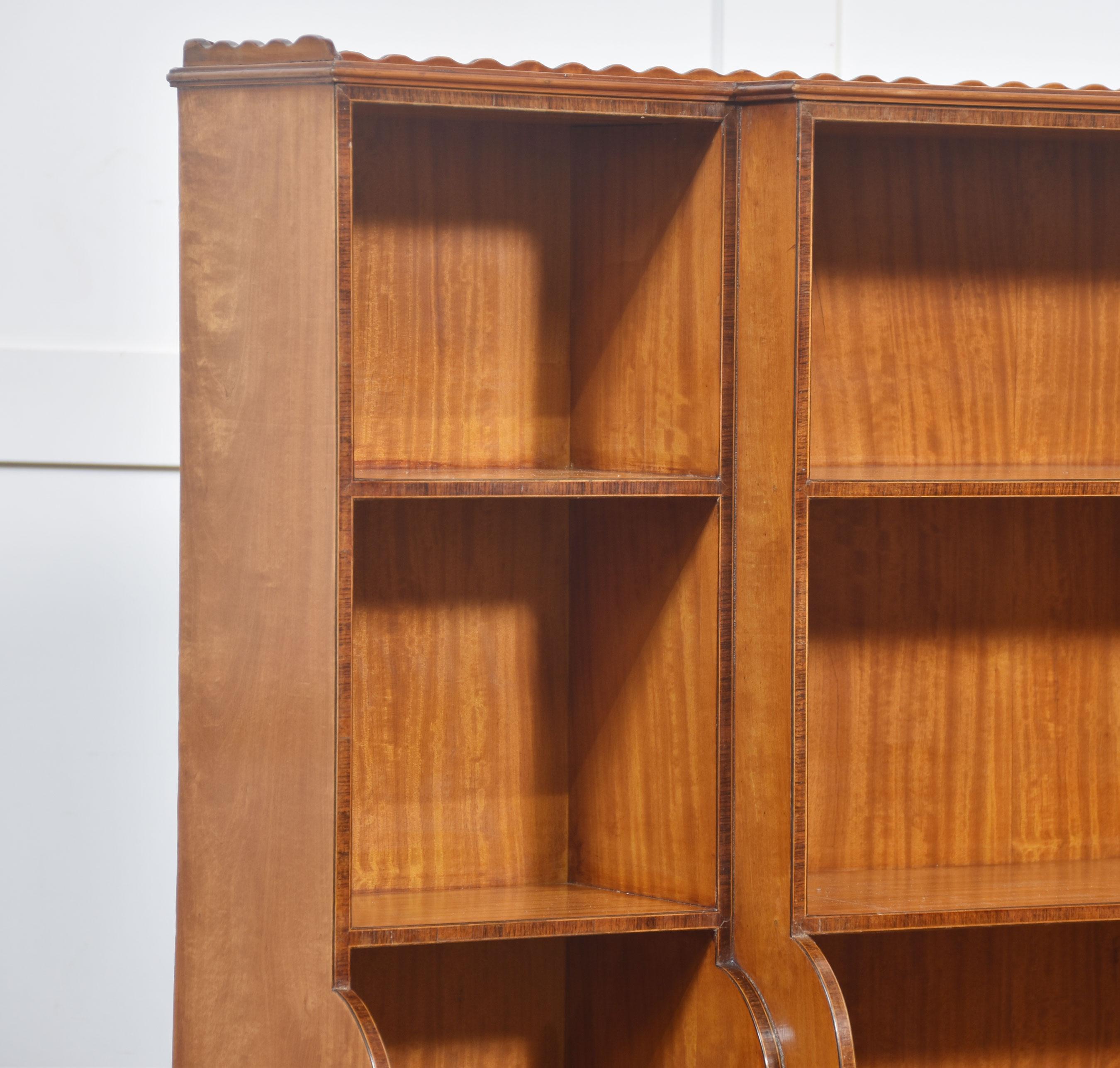 Pair of satinwood crossbanded open breakfront waterfall bookcases For Sale 5