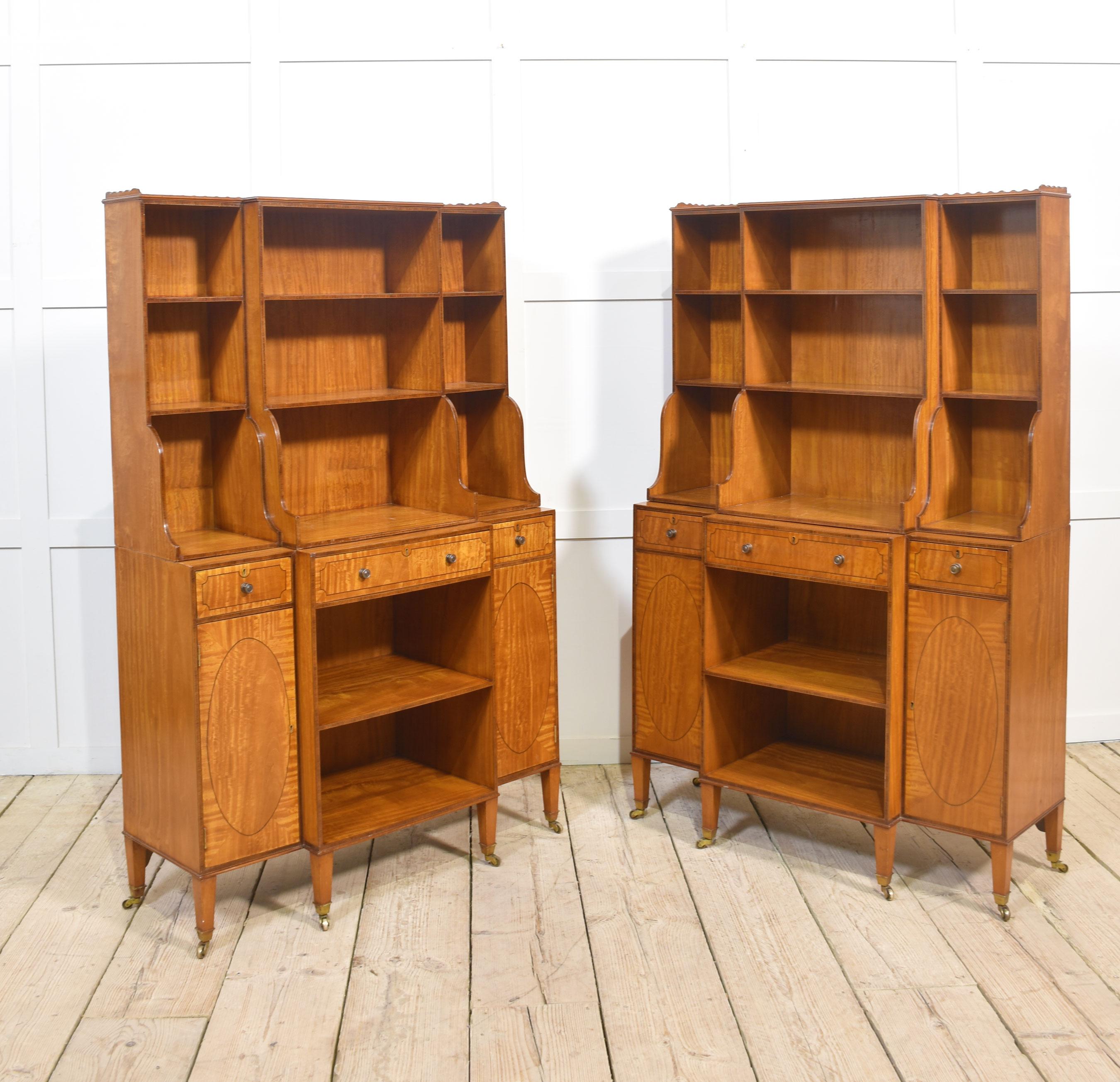 Pair of satinwood crossbanded open breakfront waterfall bookcases For Sale 6