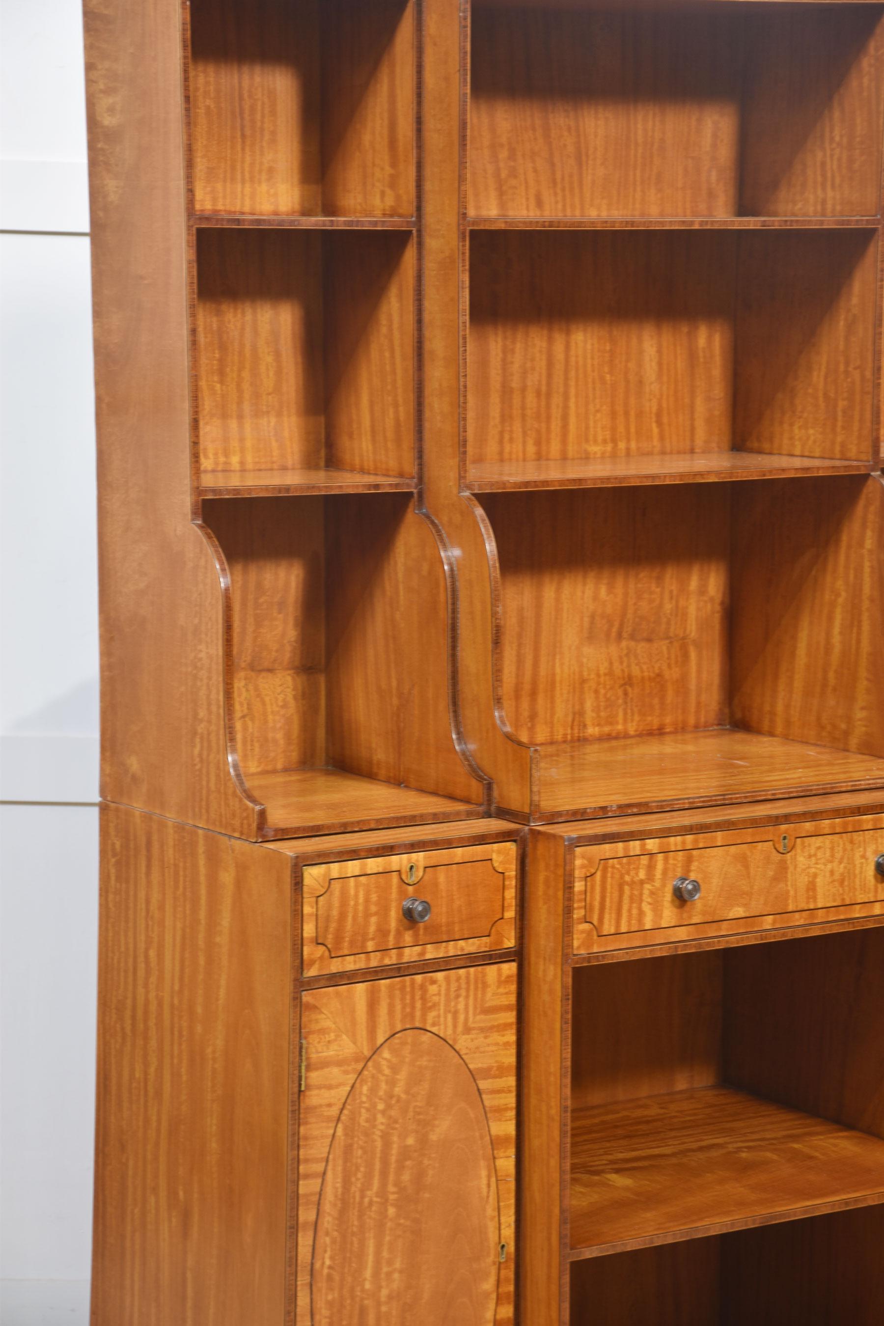 Pair of satinwood crossbanded open breakfront waterfall bookcases For Sale 7