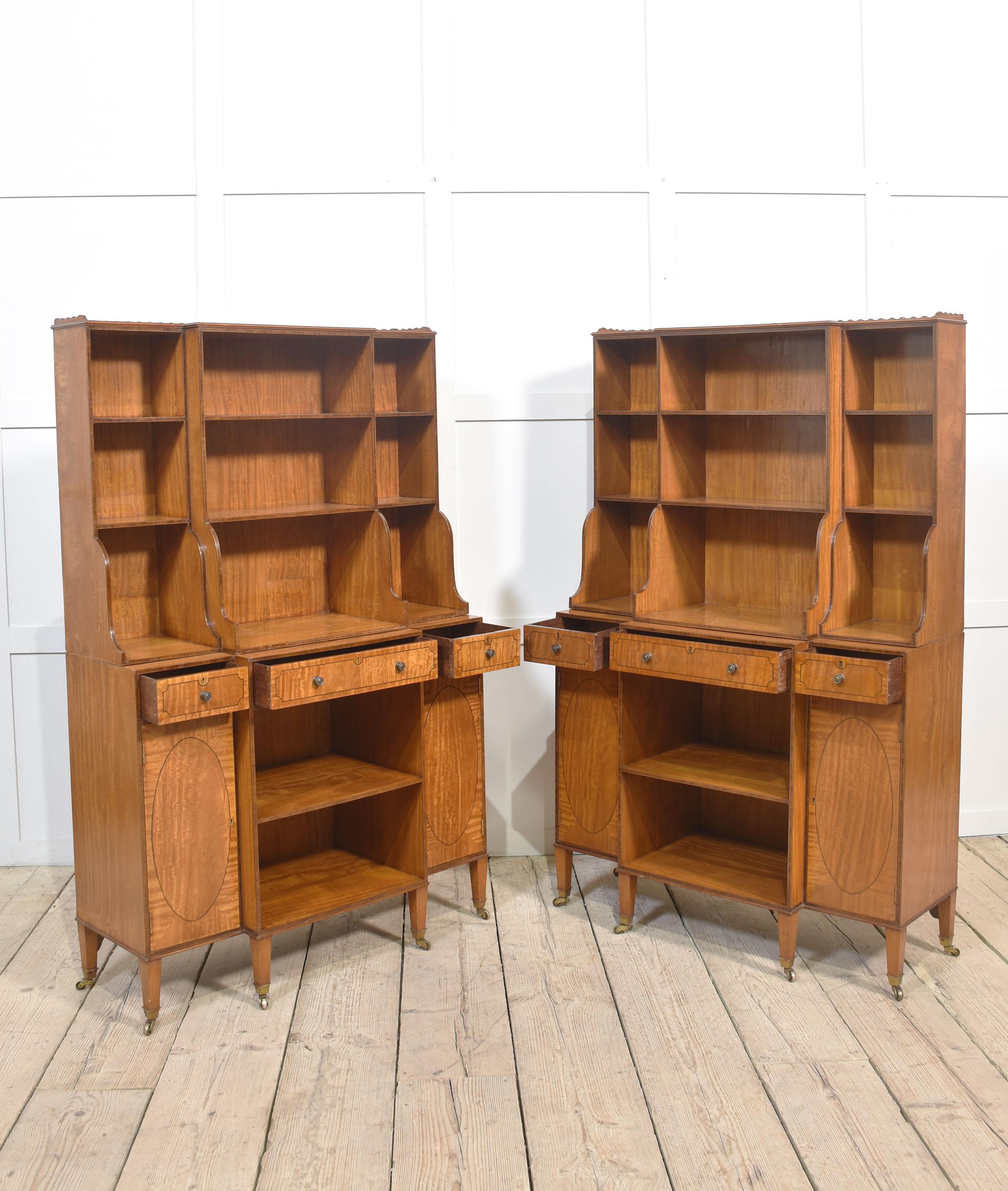 Pair of satinwood crossbanded open breakfront waterfall bookcases For Sale 8