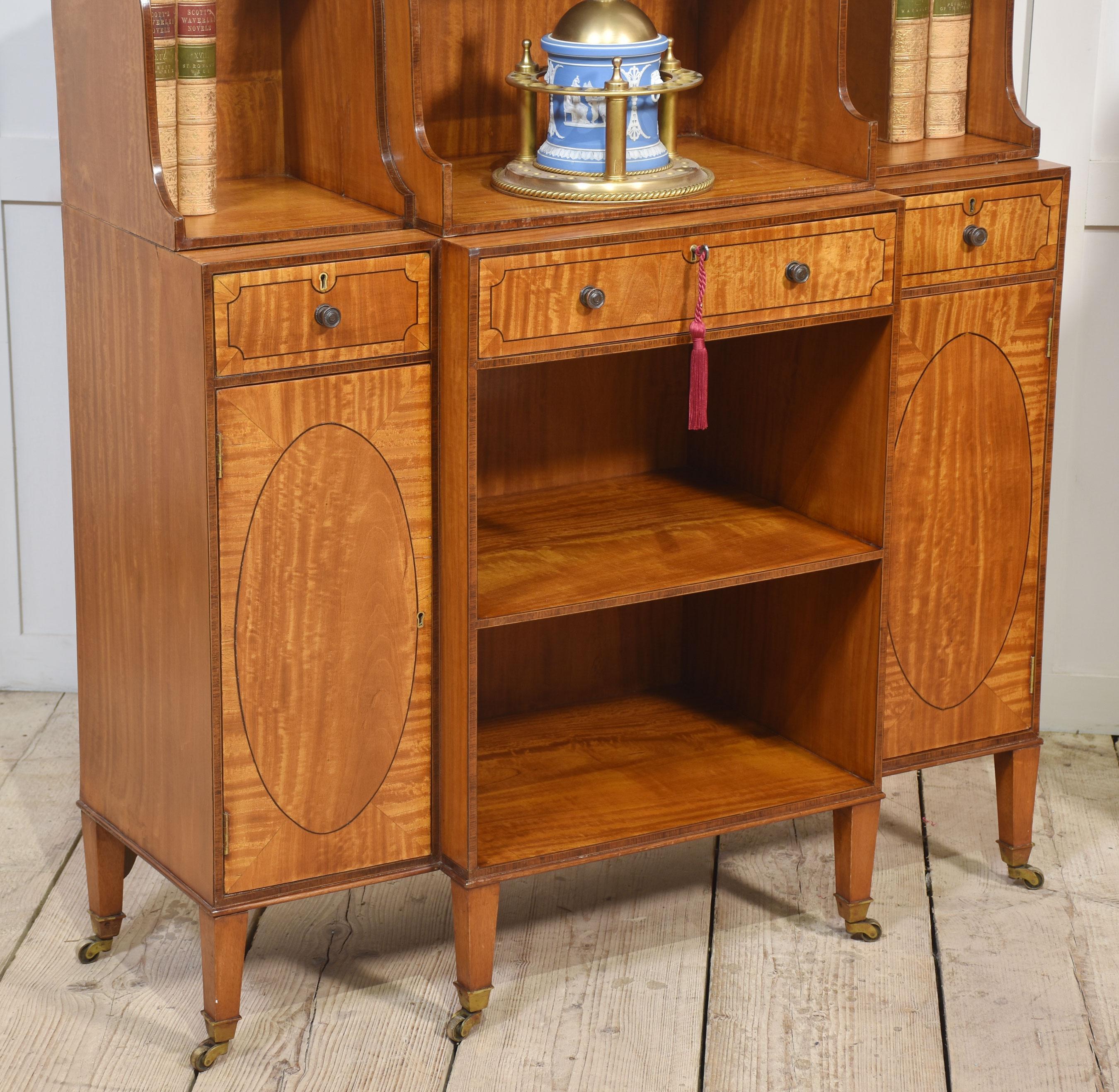 Pair of satinwood crossbanded open breakfront waterfall bookcases For Sale 9