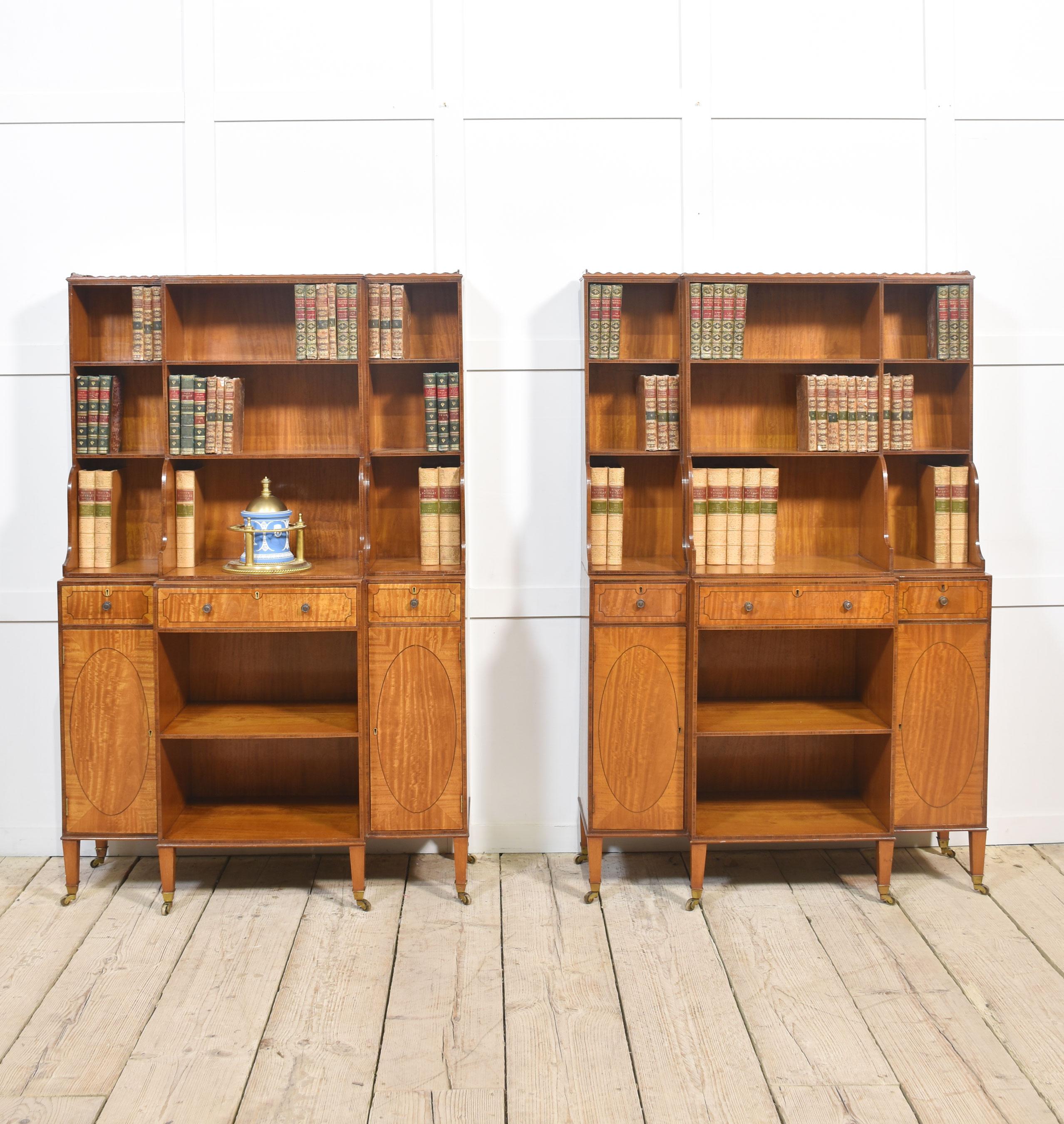 Pair of satinwood crossbanded open breakfront waterfall bookcases For Sale 10