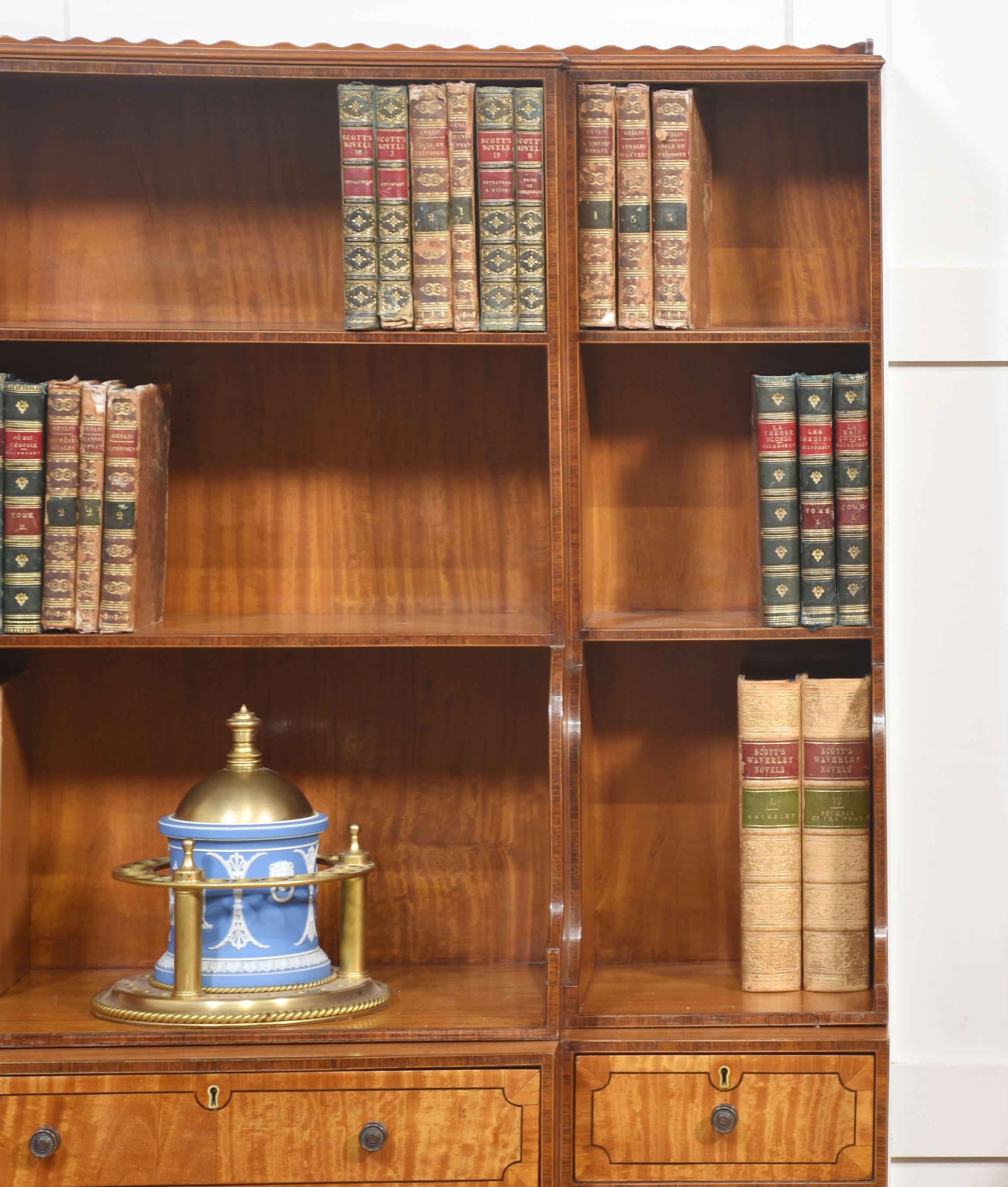Pair of satinwood crossbanded open breakfront waterfall bookcases For Sale 11