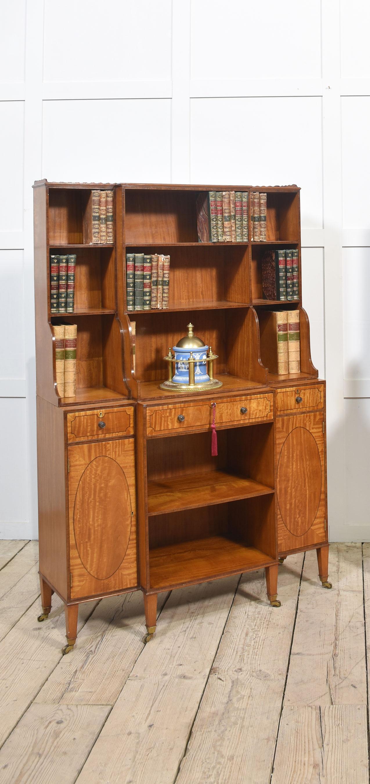 Pair of satinwood crossbanded open breakfront waterfall bookcases For Sale 13