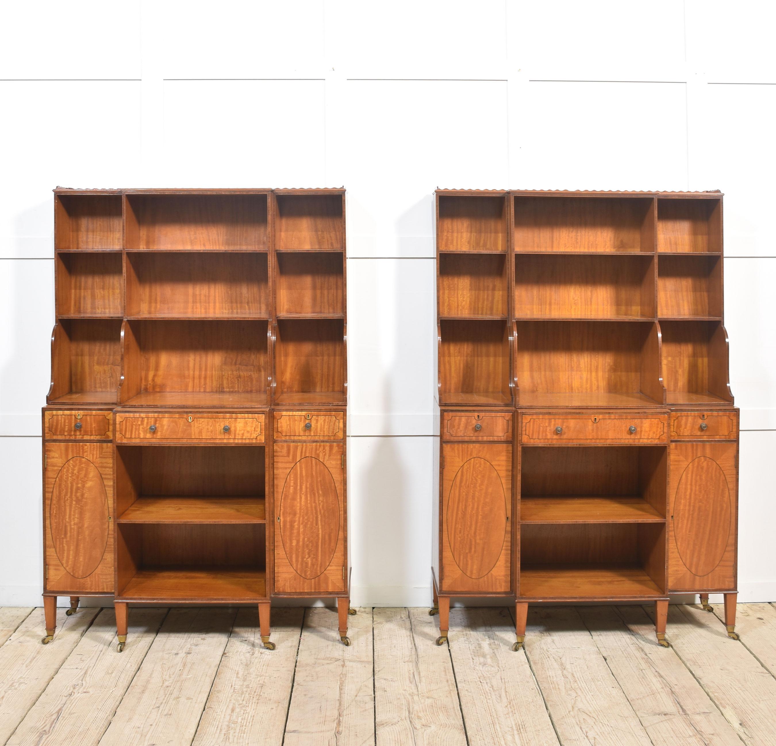 Satinwood Pair of satinwood crossbanded open breakfront waterfall bookcases For Sale